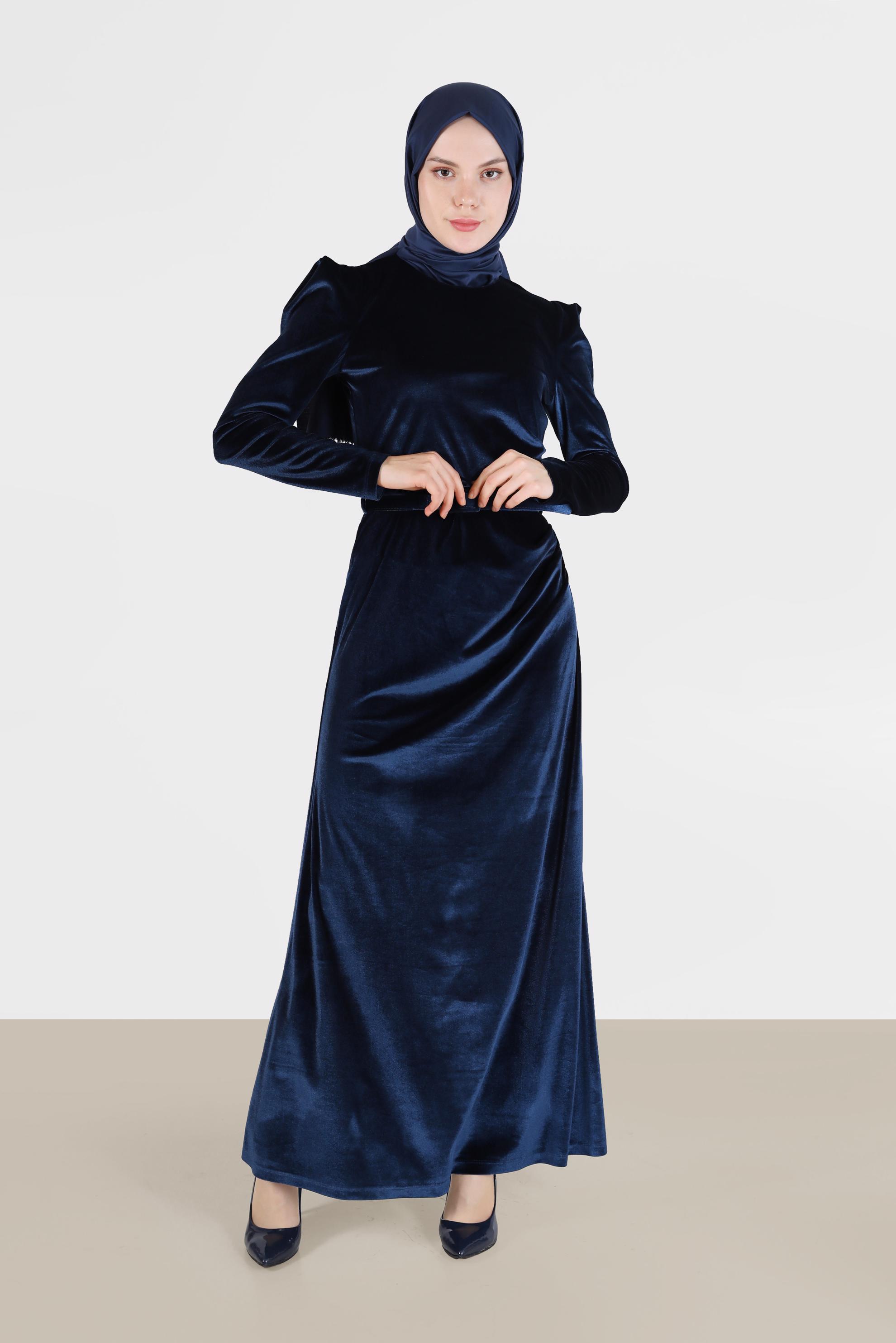 Tesettür giyim LACİVERT KEMER DETAYLI KADİFE ELBİSE 42452 