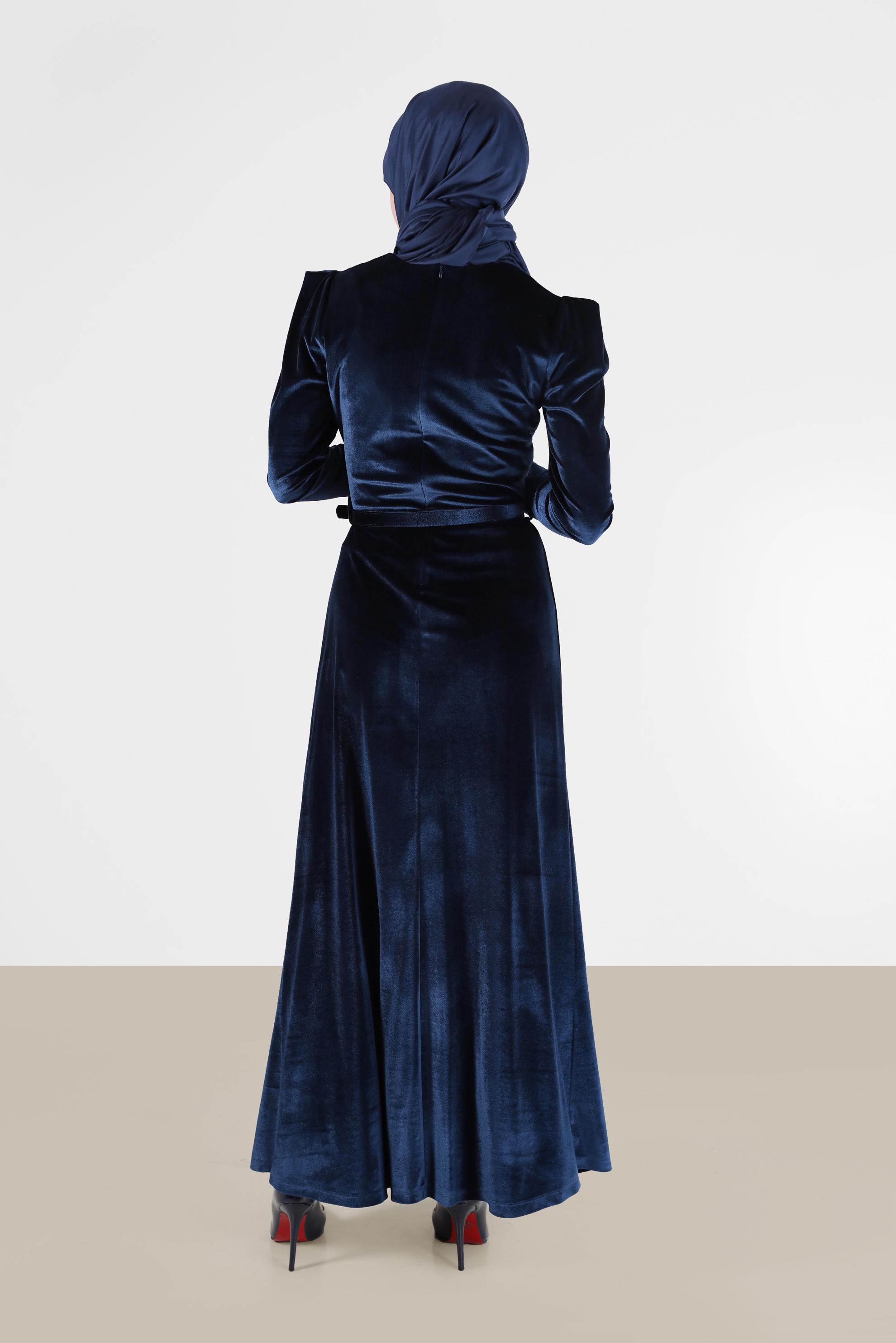 Tesettür giyim LACİVERT KEMER DETAYLI KADİFE ELBİSE 42452 