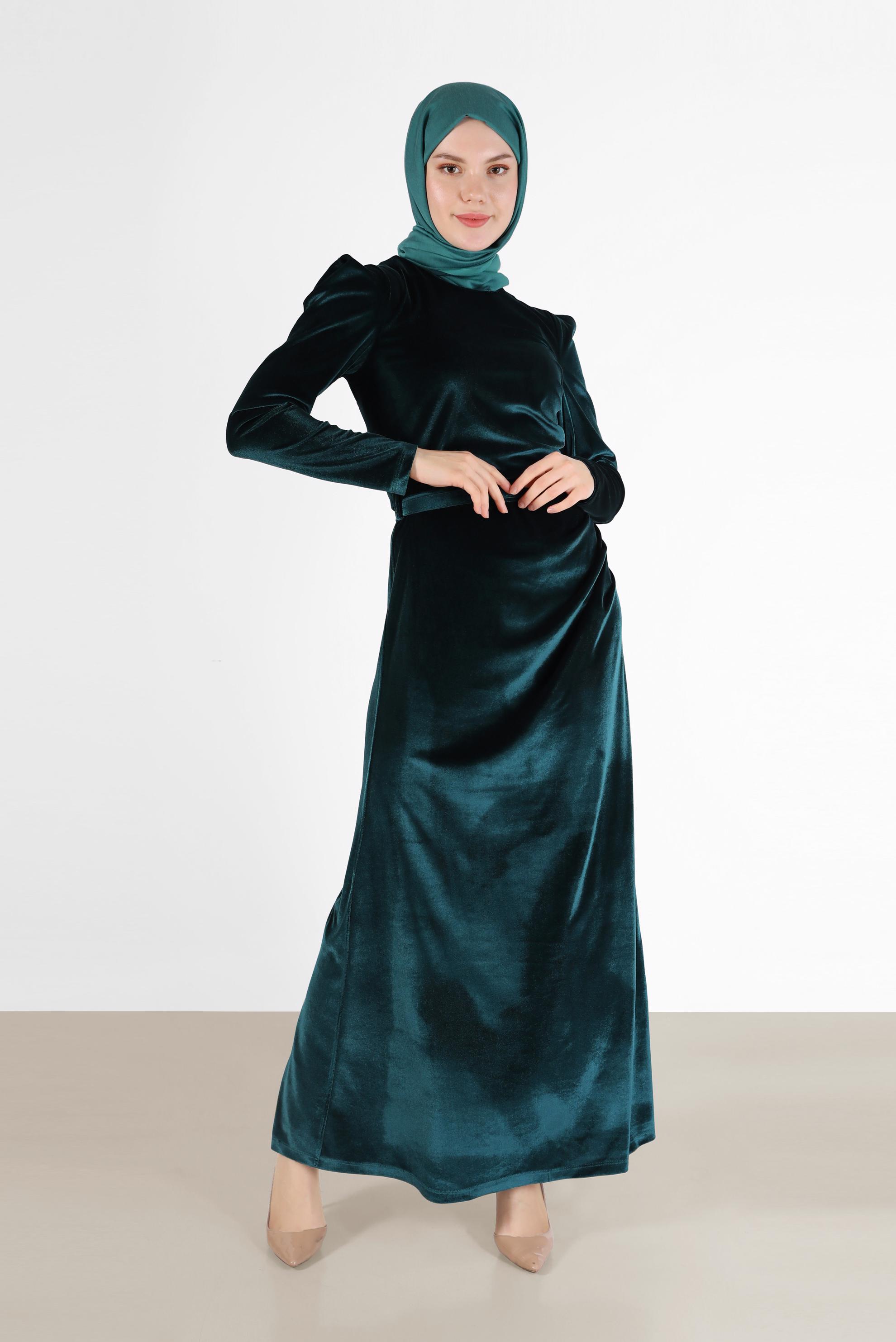 Tesettür giyim MAVİ KEMER DETAYLI KADİFE ELBİSE 42452 