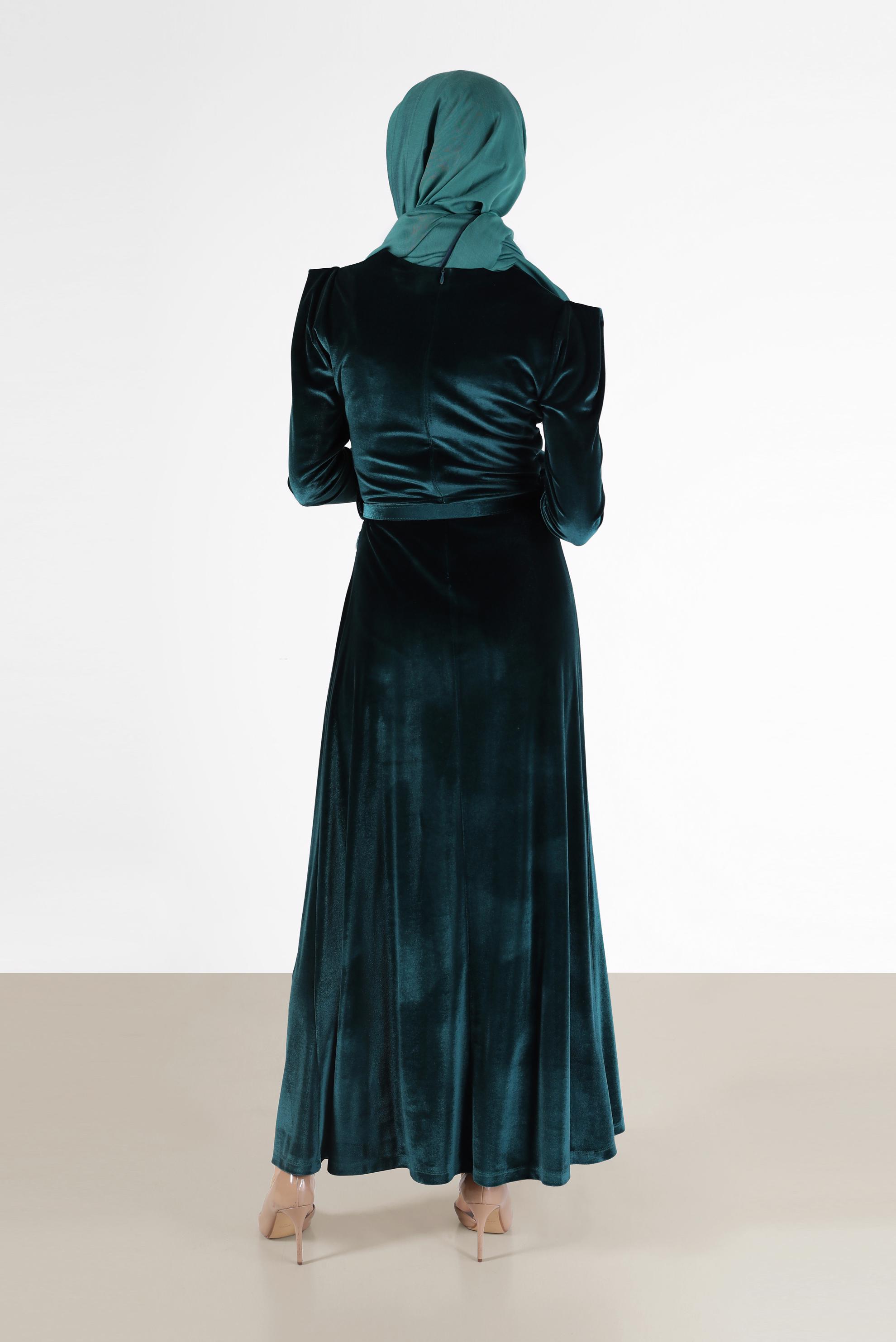 Tesettür giyim MAVİ KEMER DETAYLI KADİFE ELBİSE 42452 