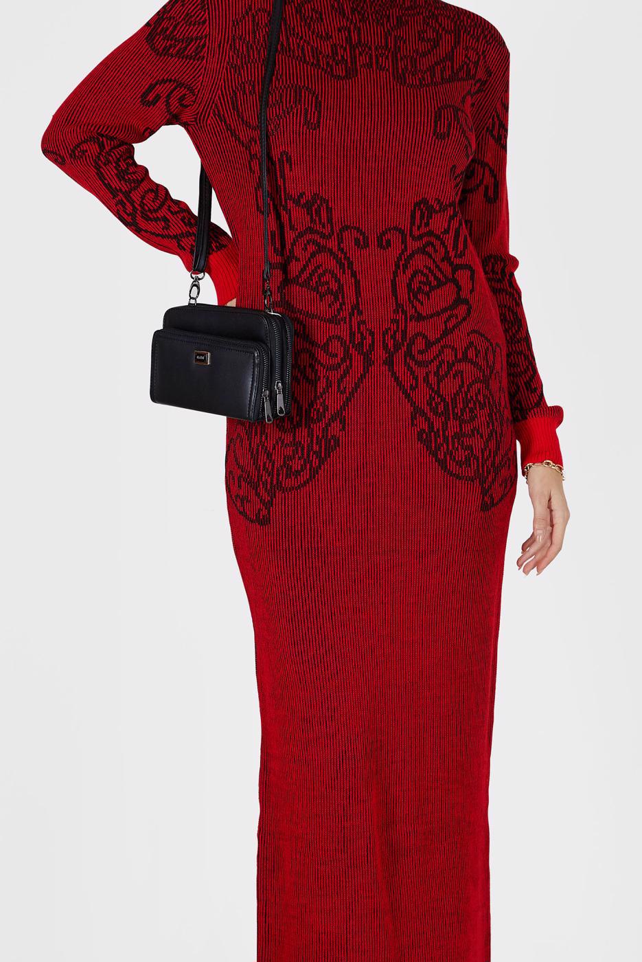 Tesettür giyim KIRMIZI DESENLİ TRİKO ELBİSE 42470