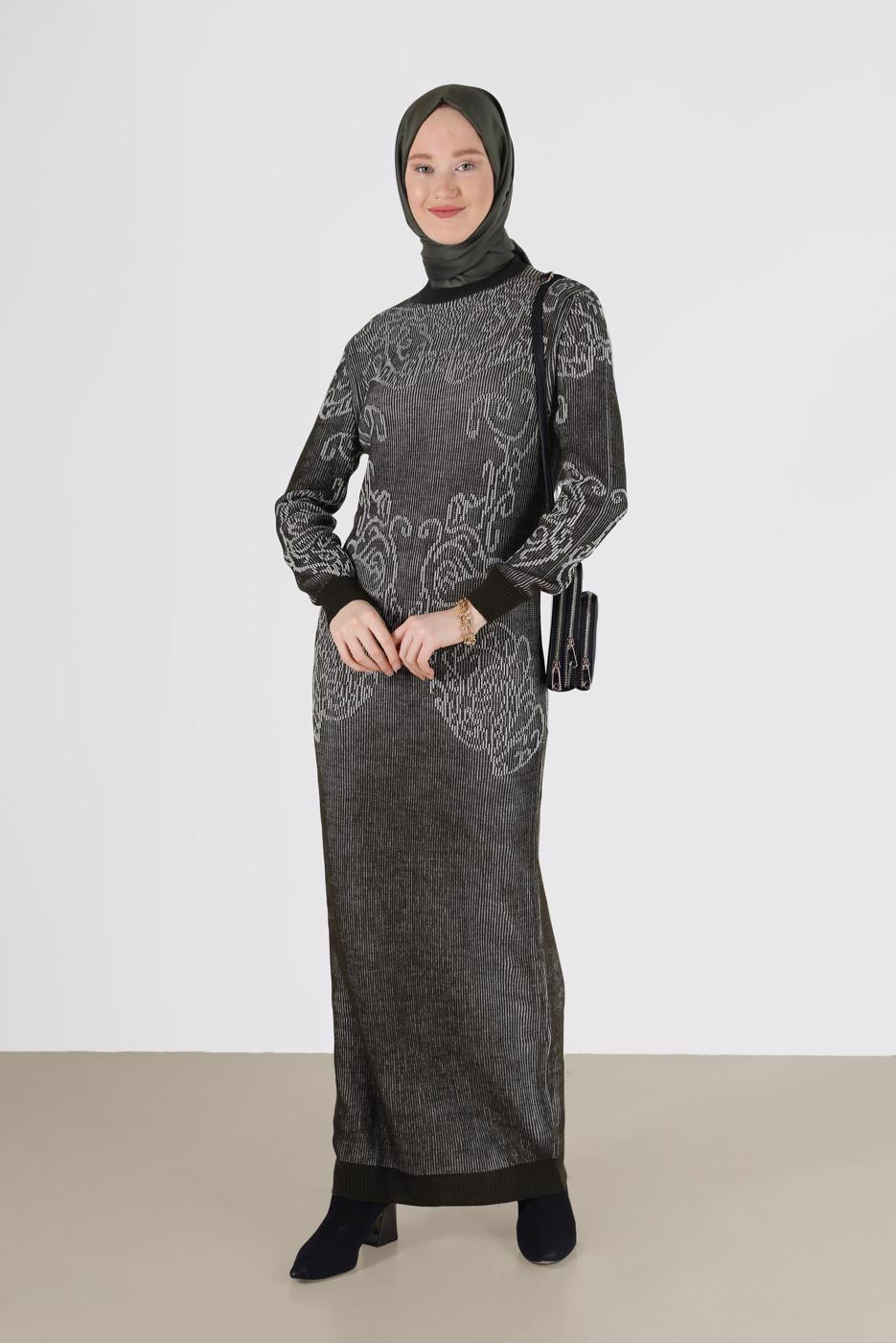 Tesettür giyim HAKİ DESENLİ TRİKO ELBİSE 42470