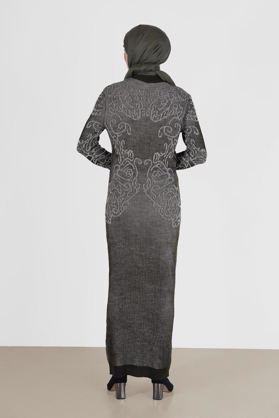 Tesettür giyim HAKİ DESENLİ TRİKO ELBİSE 42470