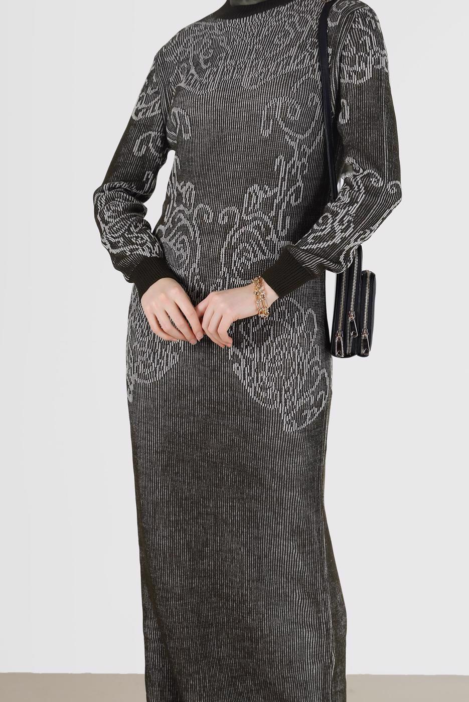 Tesettür giyim HAKİ DESENLİ TRİKO ELBİSE 42470