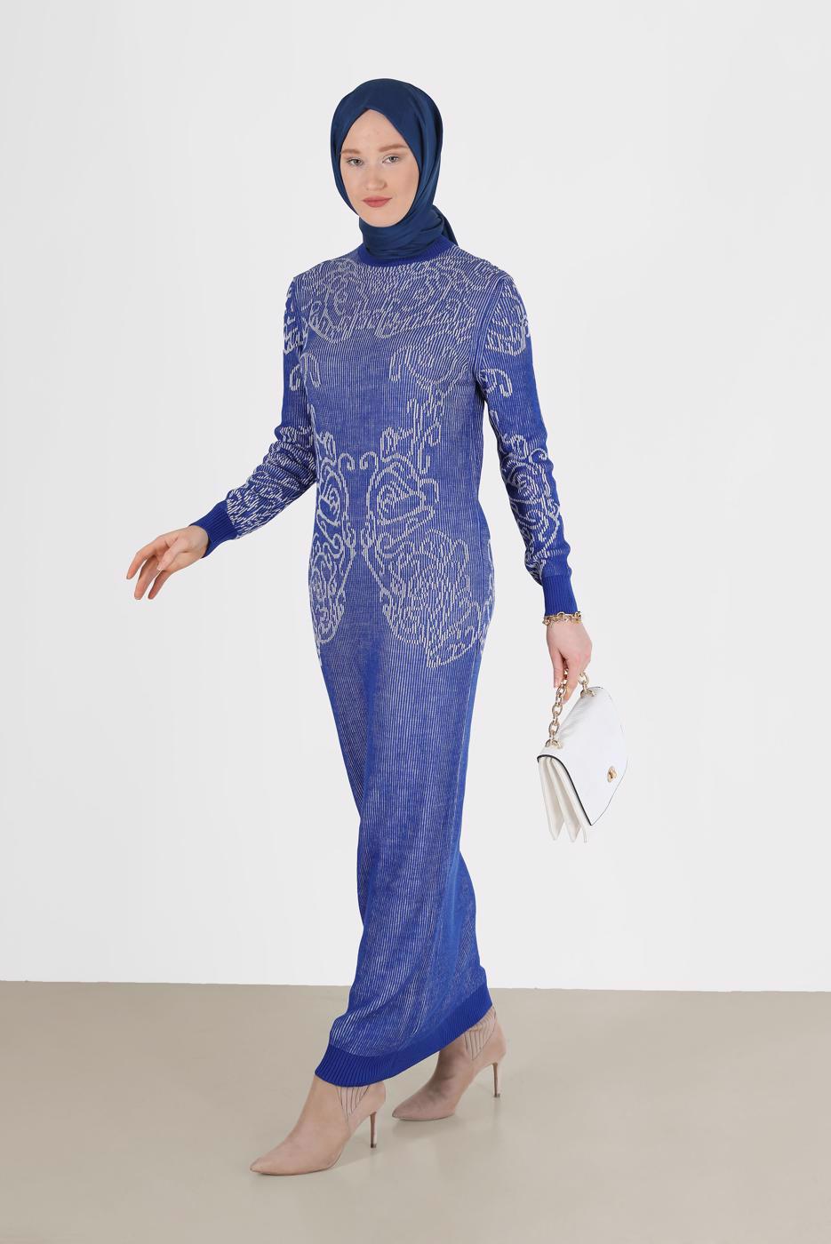 Tesettür giyim LACİVERT DESENLİ TRİKO ELBİSE 42470