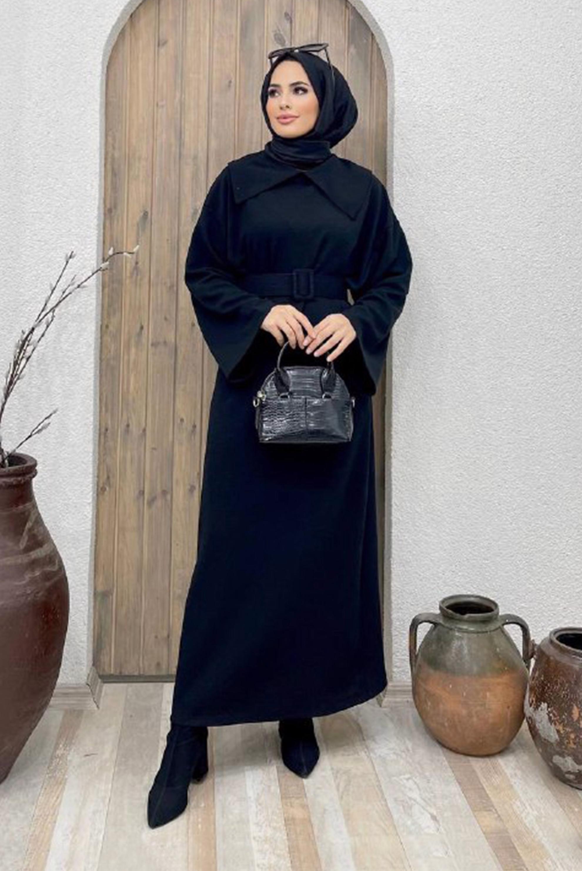 Tesettür giyim SİYAH İSPANYOL KOL KUŞAKLI ELBİSE 42471 	