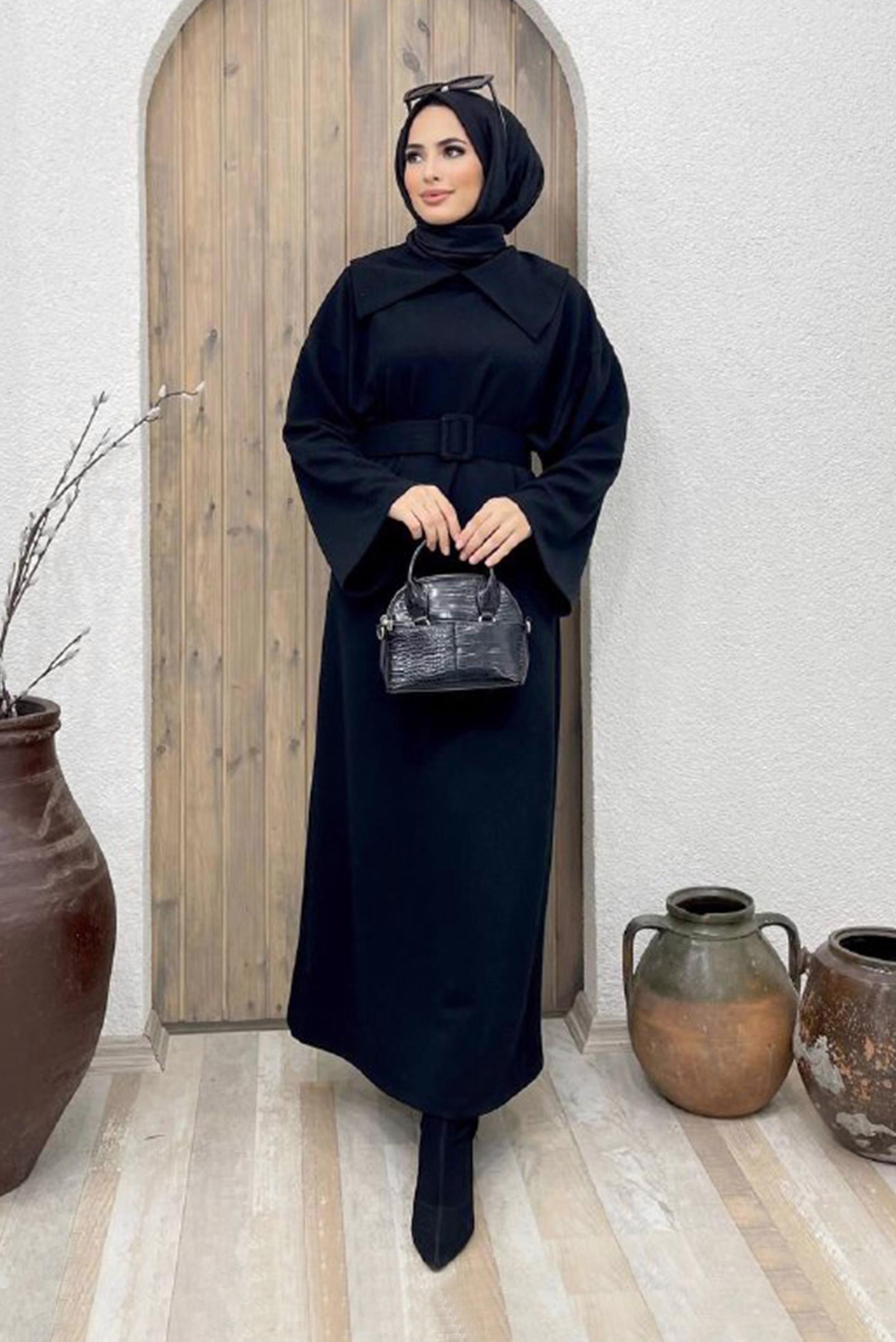 Tesettür giyim SİYAH İSPANYOL KOL KUŞAKLI ELBİSE 42471 	