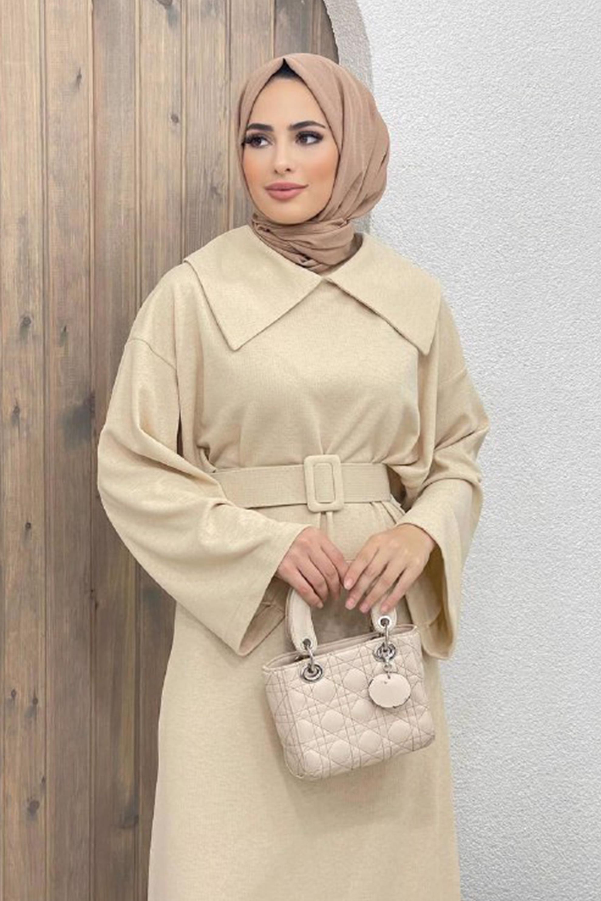 Tesettür giyim BEJ İSPANYOL KOL KUŞAKLI ELBİSE 42471 	