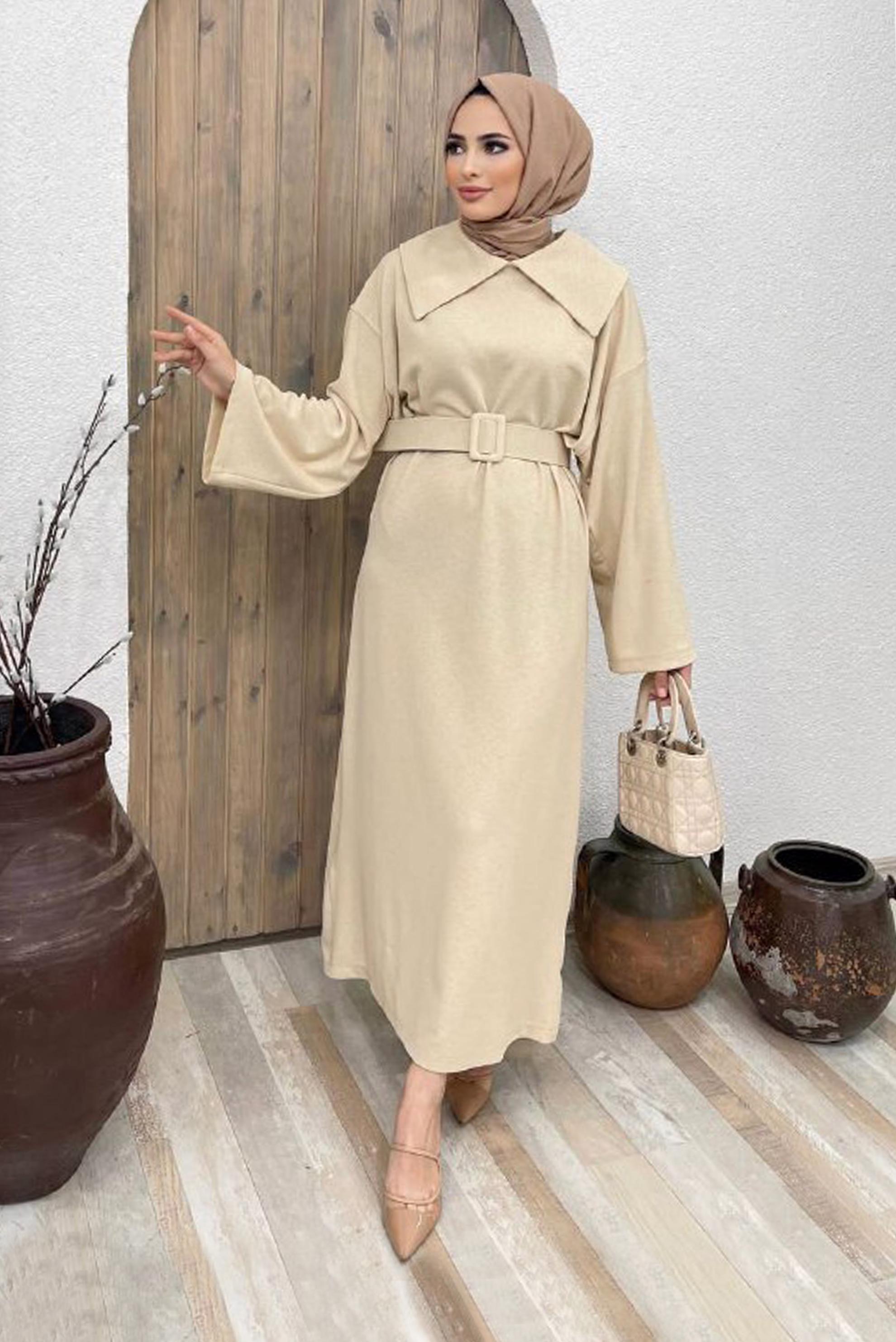 Tesettür giyim BEJ İSPANYOL KOL KUŞAKLI ELBİSE 42471 	