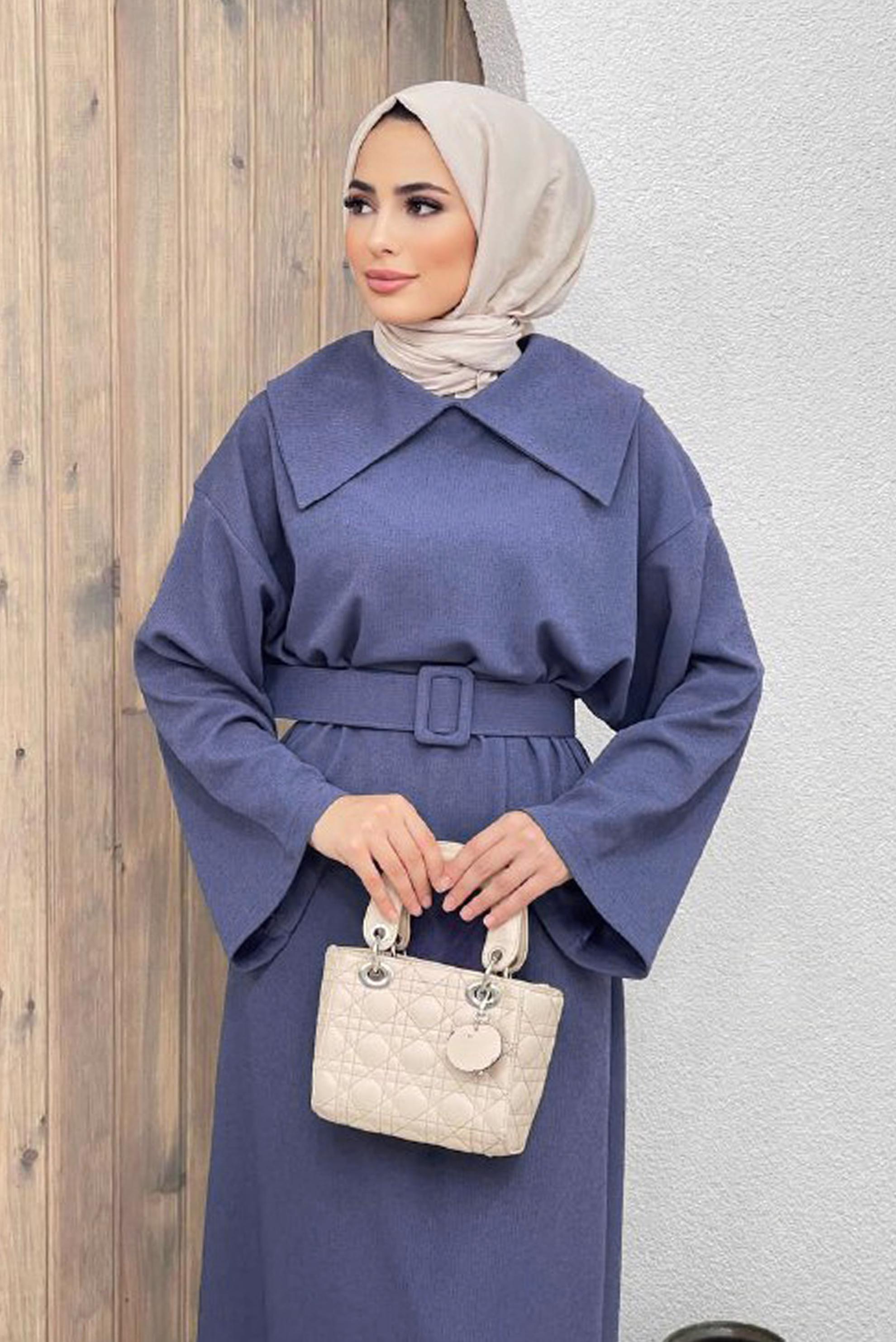 Tesettür giyim MOR İSPANYOL KOL KUŞAKLI ELBİSE 42471 	