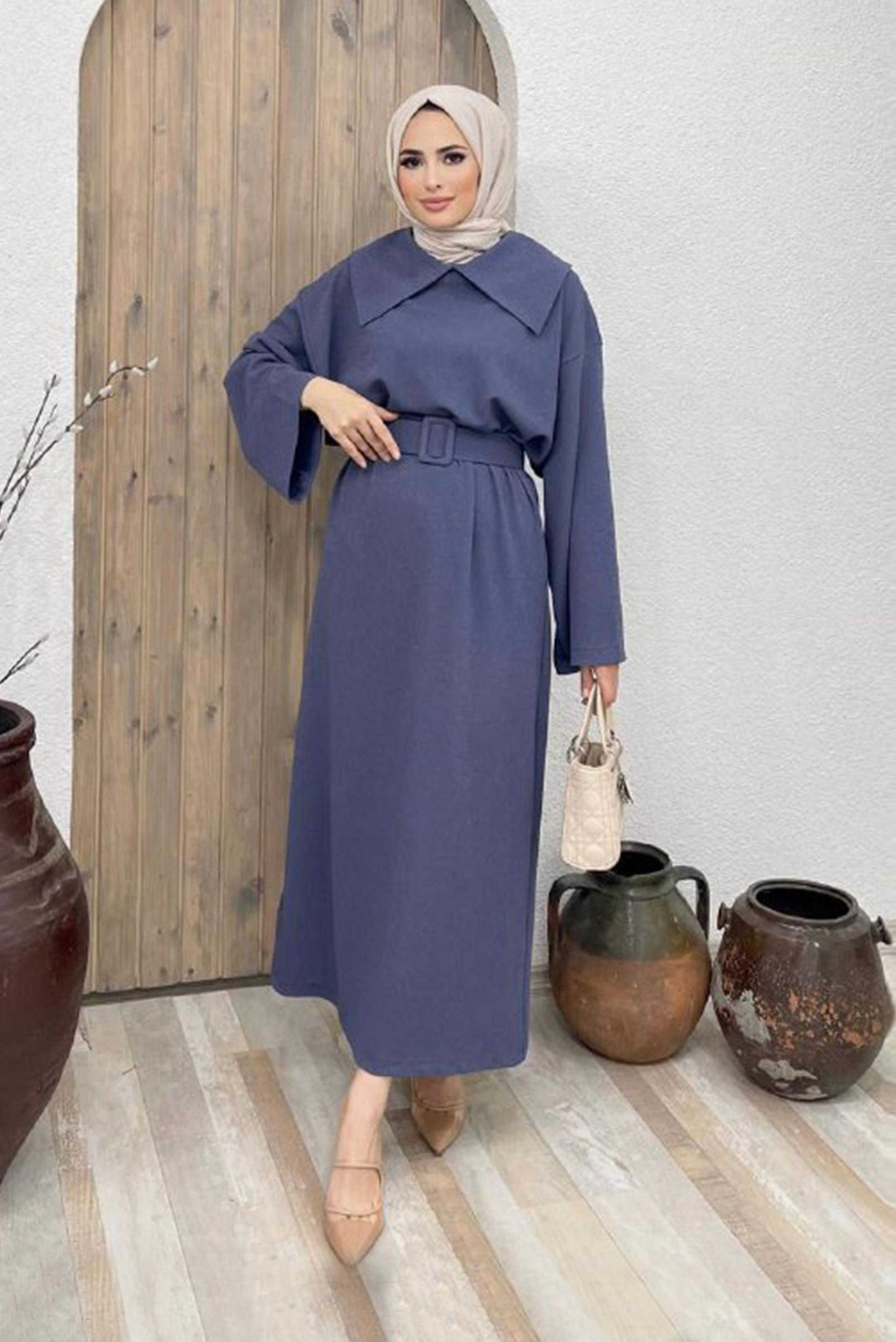 Tesettür giyim MOR İSPANYOL KOL KUŞAKLI ELBİSE 42471 	