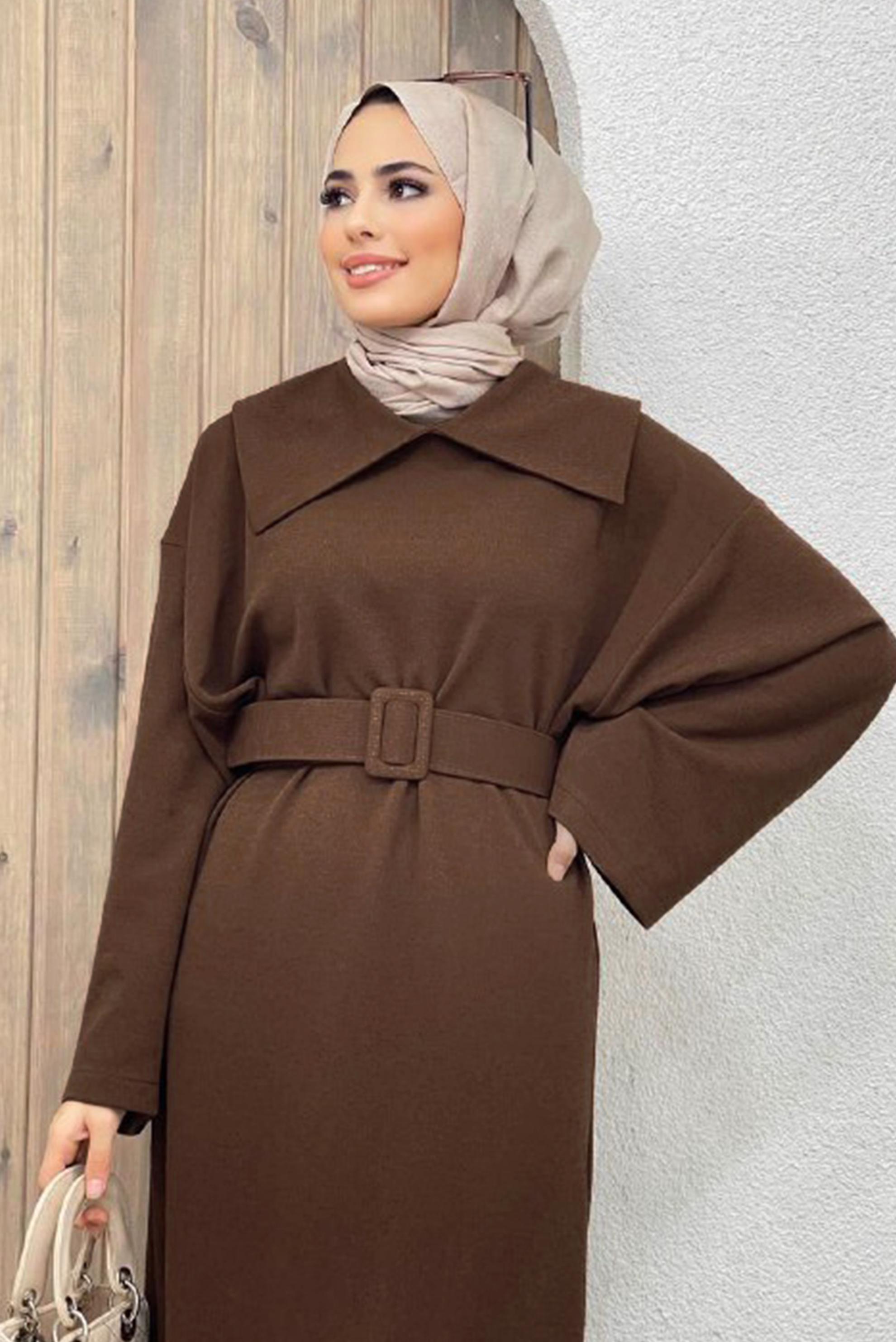 Tesettür giyim KAHVE İSPANYOL KOL KUŞAKLI ELBİSE 42471 	