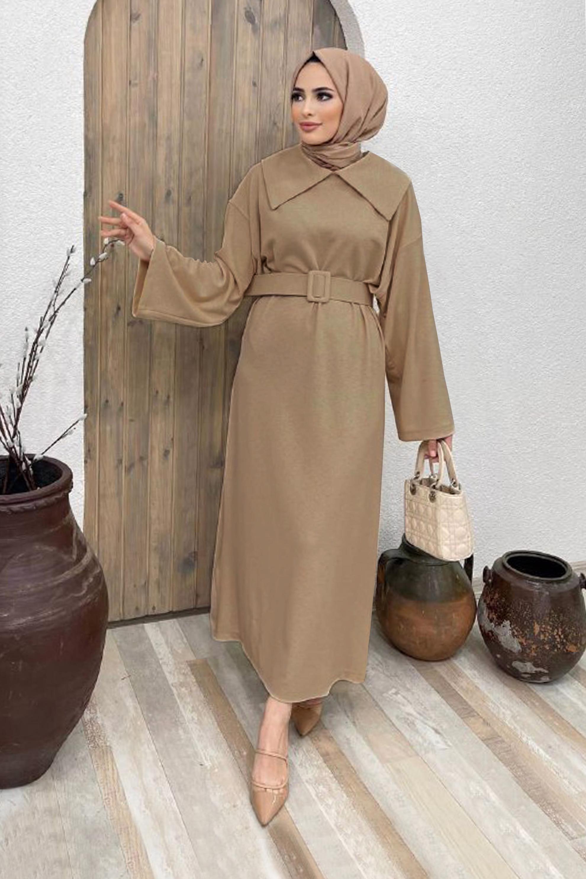 Tesettür giyim VİZON İSPANYOL KOL KUŞAKLI ELBİSE 42471 	