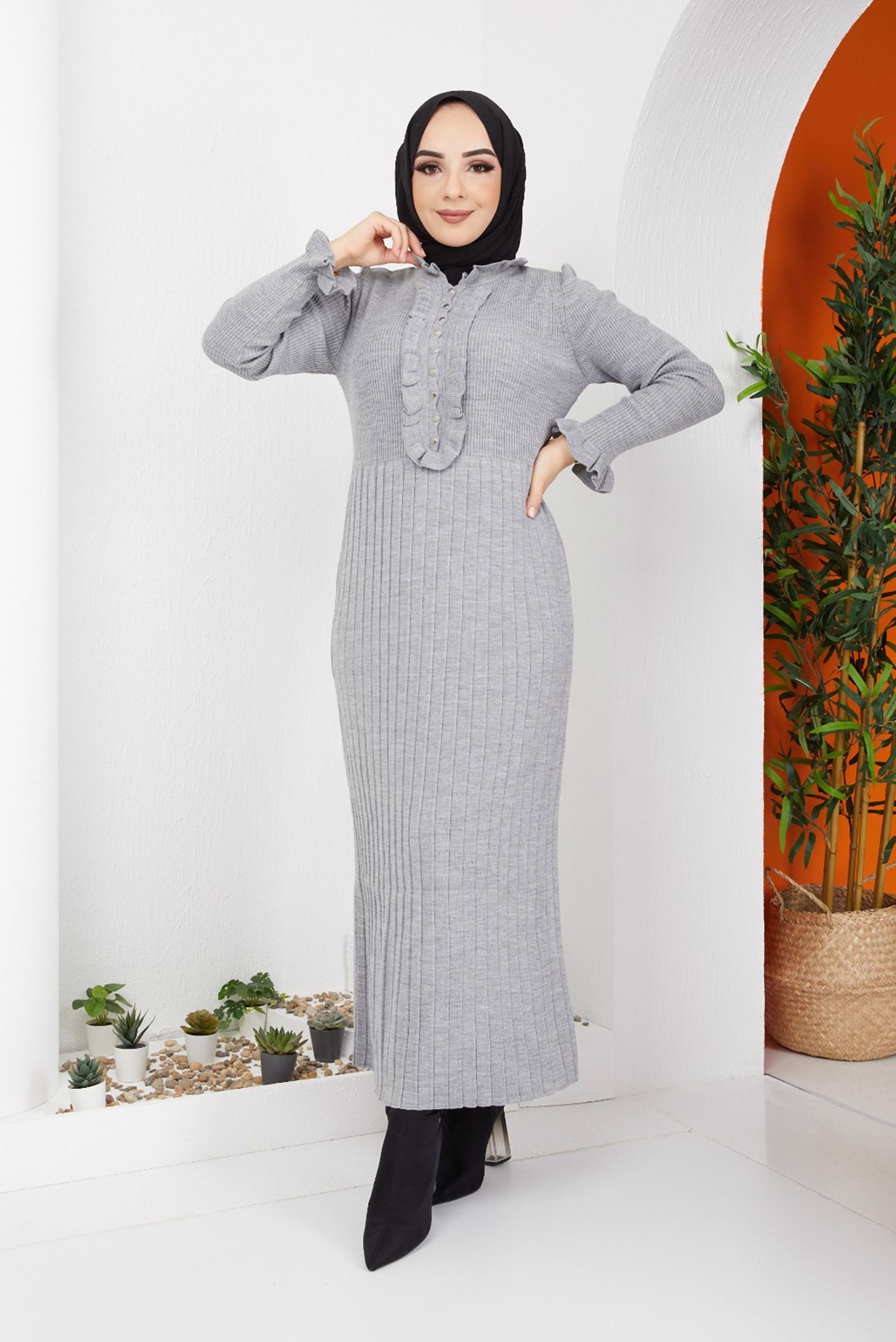 Tesettür giyim GRİ ETEĞİ PİLELİ FIRFIR DETAYLI TRİKO ELBİSE 42472 