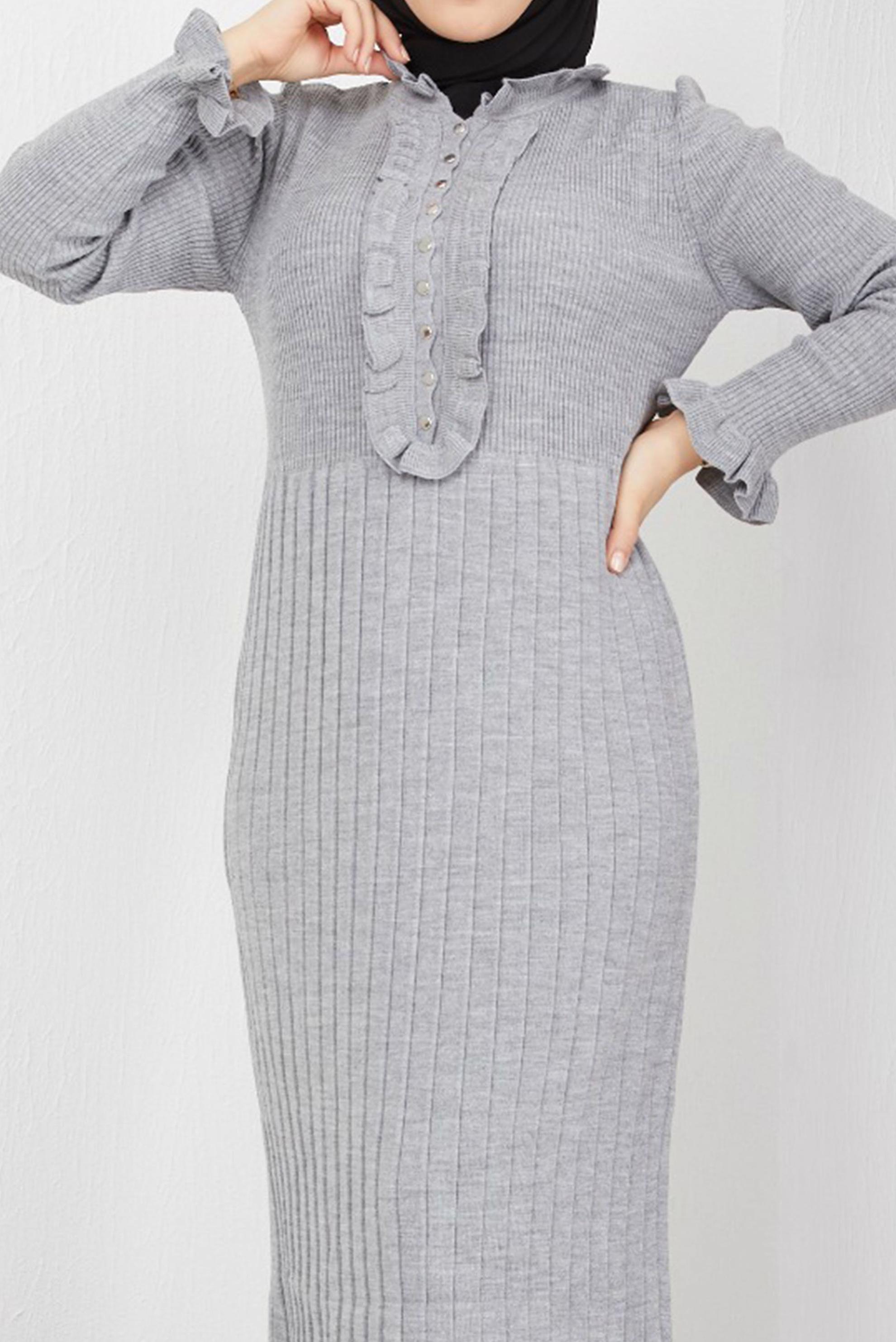 Tesettür giyim GRİ ETEĞİ PİLELİ FIRFIR DETAYLI TRİKO ELBİSE 42472 