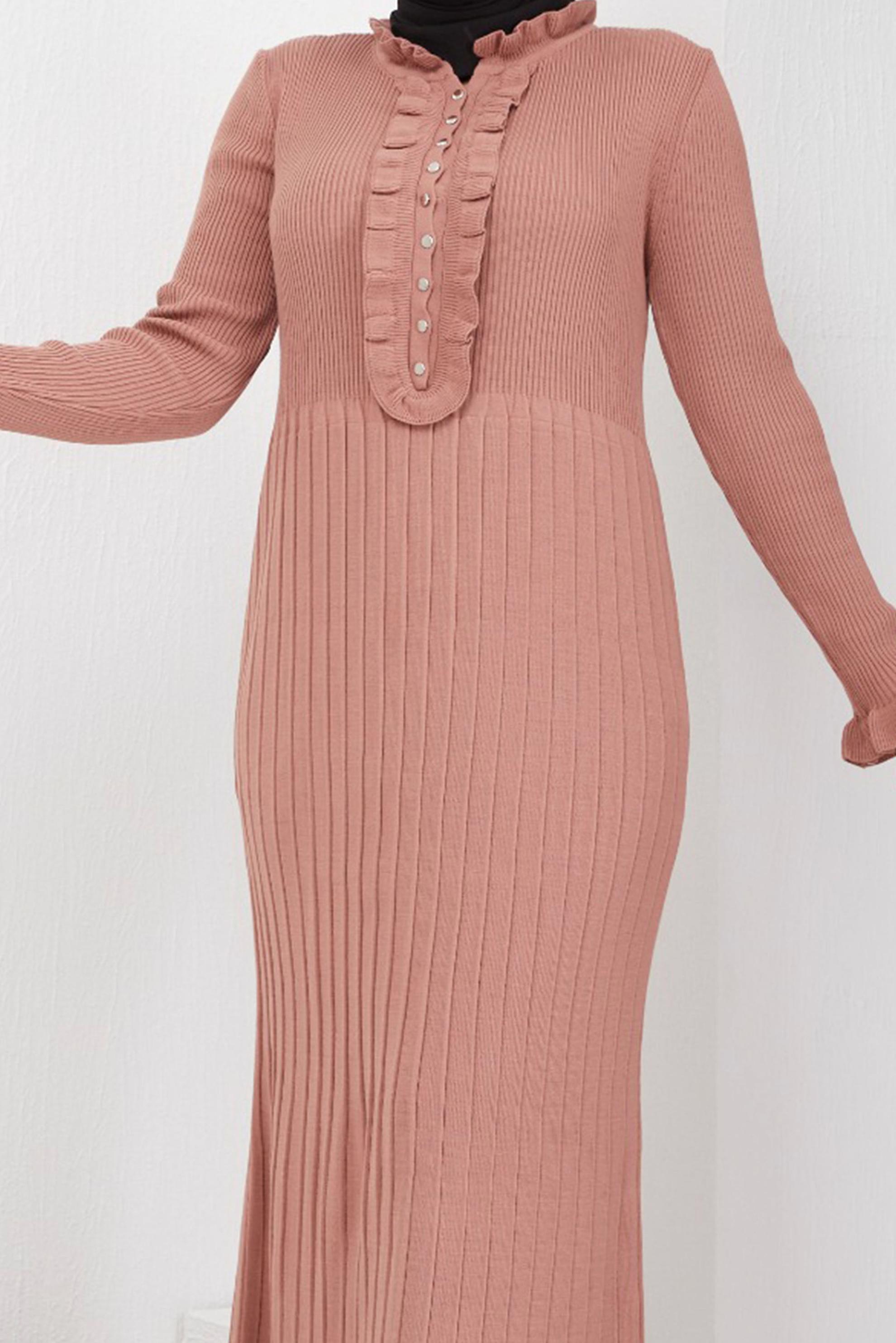 Tesettür giyim PEMBE ETEĞİ PİLELİ FIRFIR DETAYLI TRİKO ELBİSE 42472 
