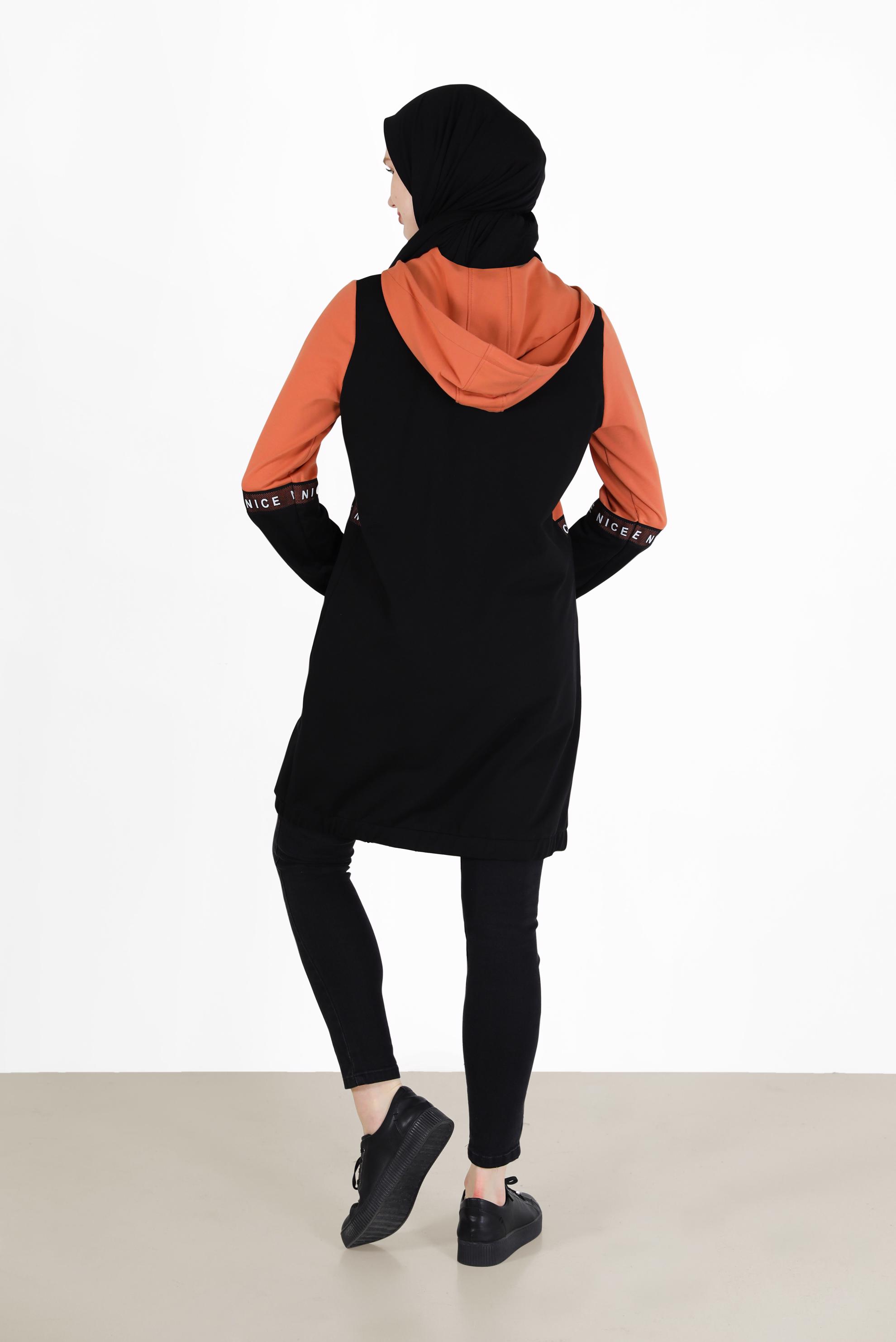 Tesettür giyim TURUNCU YAZI DETAYLI KAPÜŞONLU EŞOFMAN TUNİK 42173 