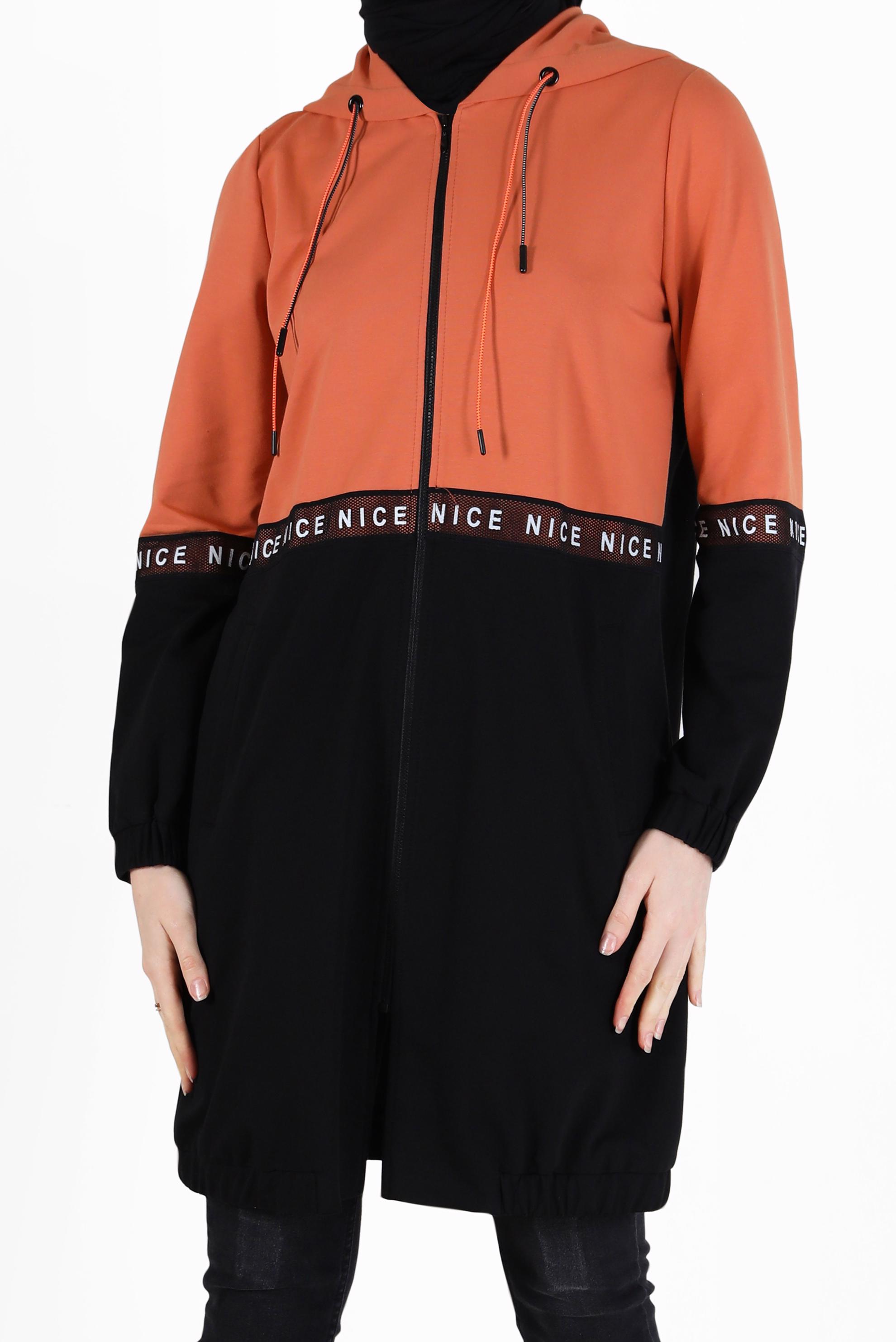 Tesettür giyim TURUNCU YAZI DETAYLI KAPÜŞONLU EŞOFMAN TUNİK 42173 