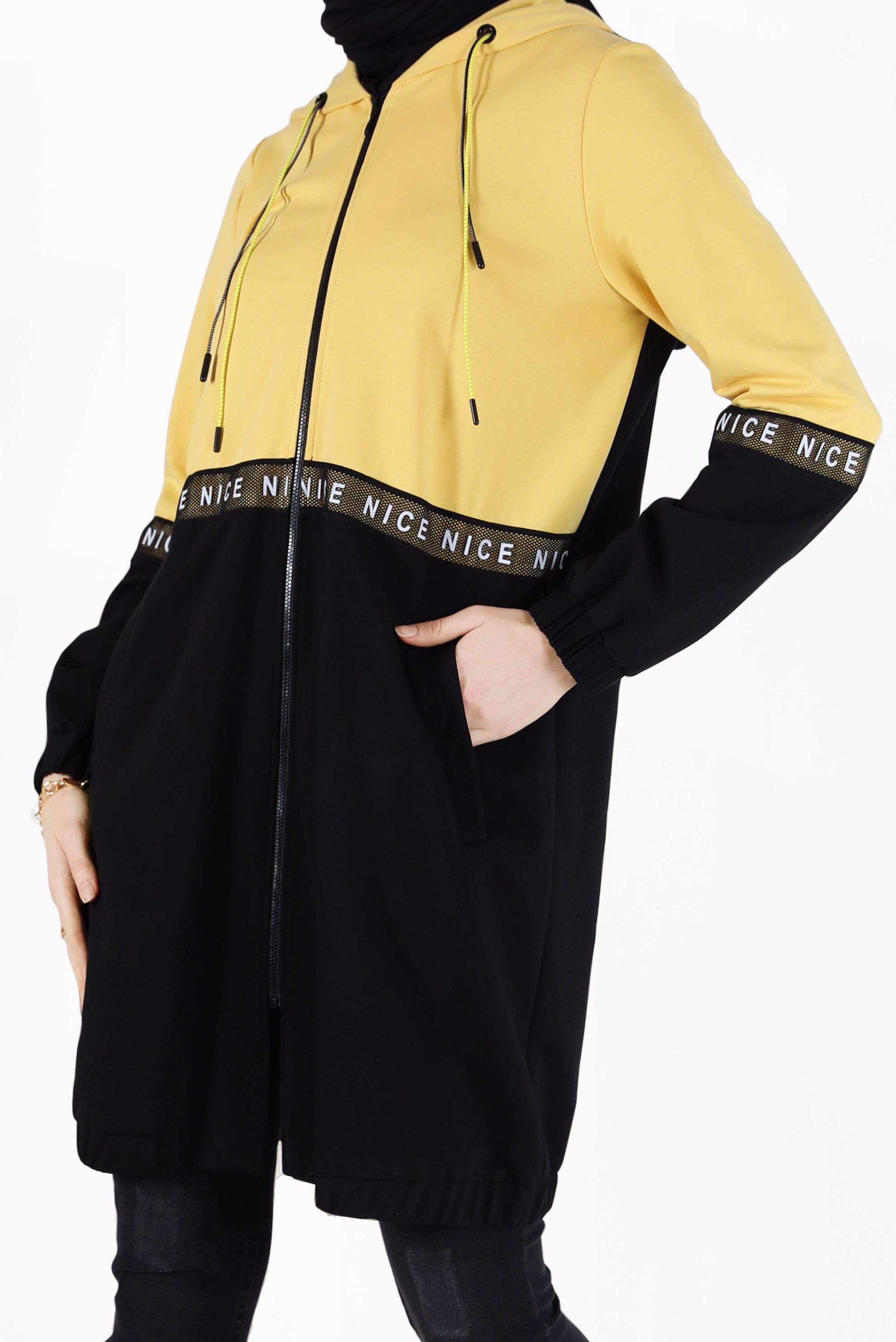 Tesettür giyim SARI YAZI DETAYLI KAPÜŞONLU EŞOFMAN TUNİK 42173 