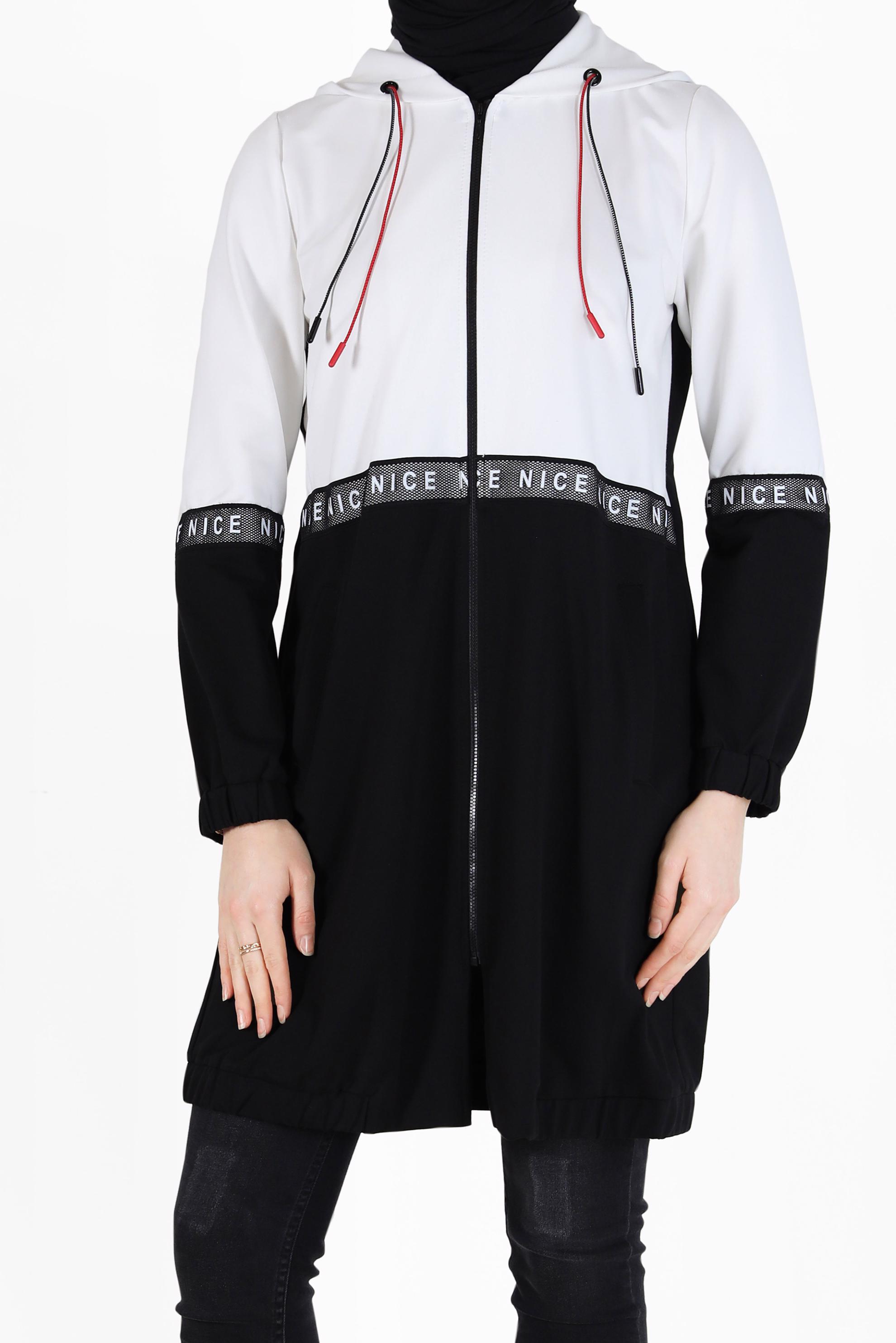 Tesettür giyim BEJ YAZI DETAYLI KAPÜŞONLU EŞOFMAN TUNİK 42173 