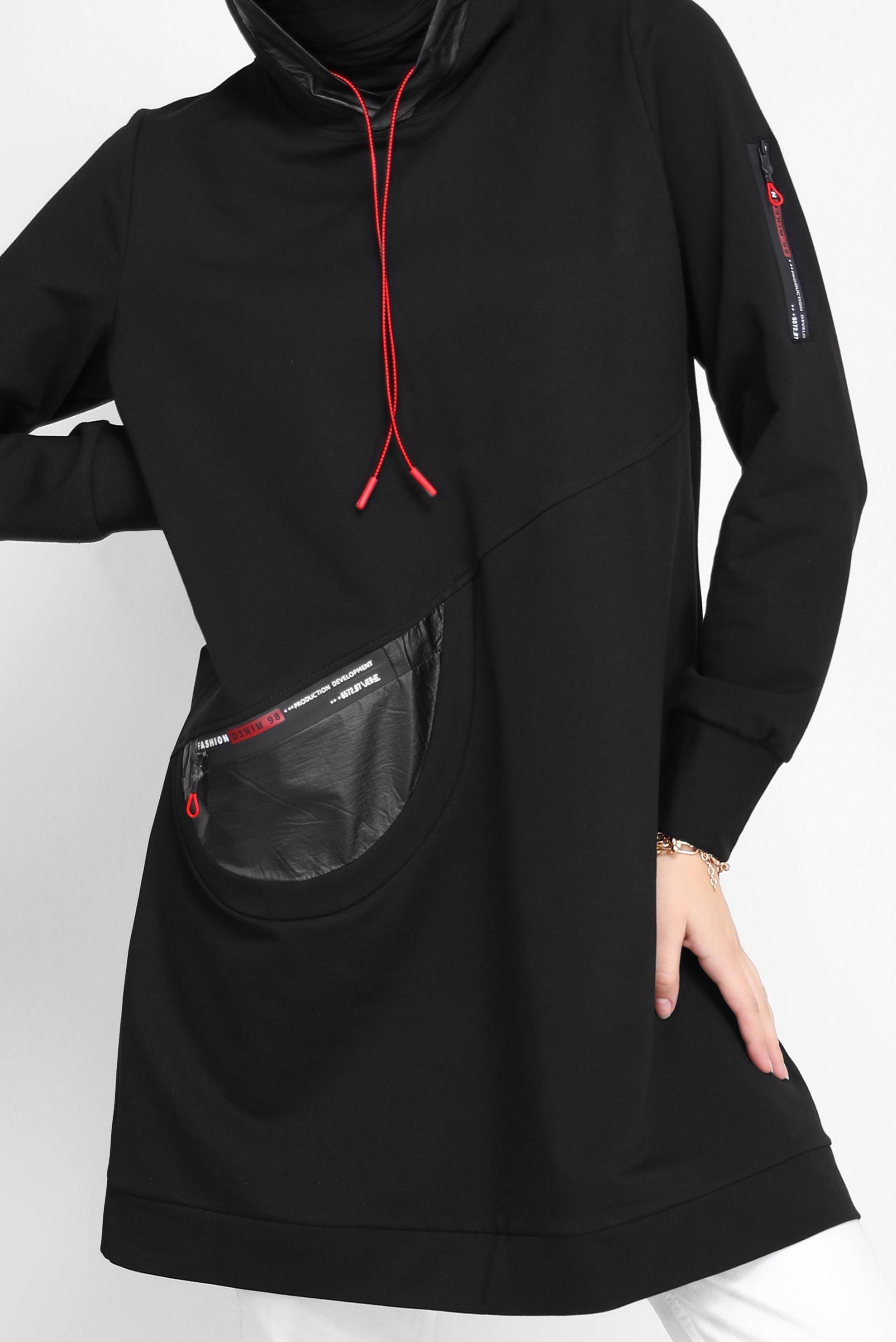 Tesettür giyim SİYAH KAPÜŞONLU BAĞCIKLI EŞOFMAN TUNİK 42174 