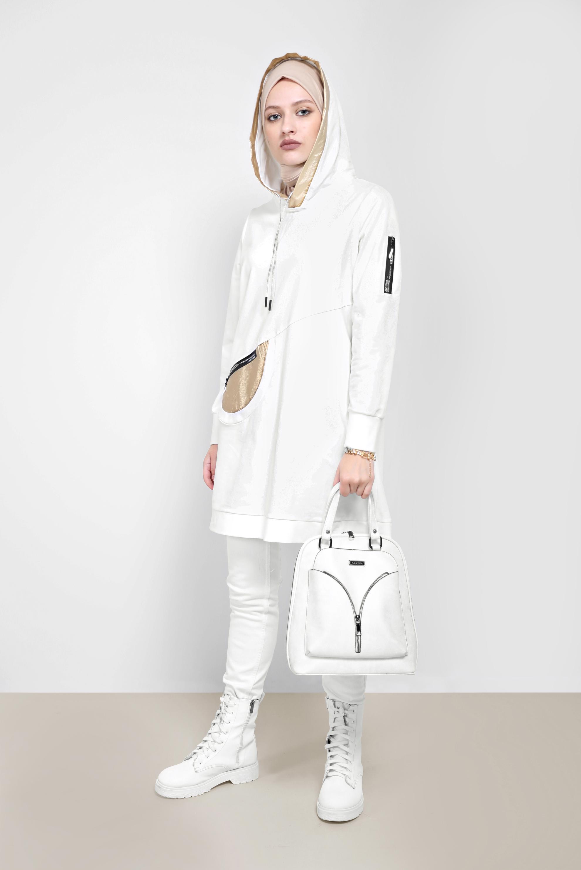 Tesettür giyim BEYAZ KAPÜŞONLU BAĞCIKLI EŞOFMAN TUNİK 42174 