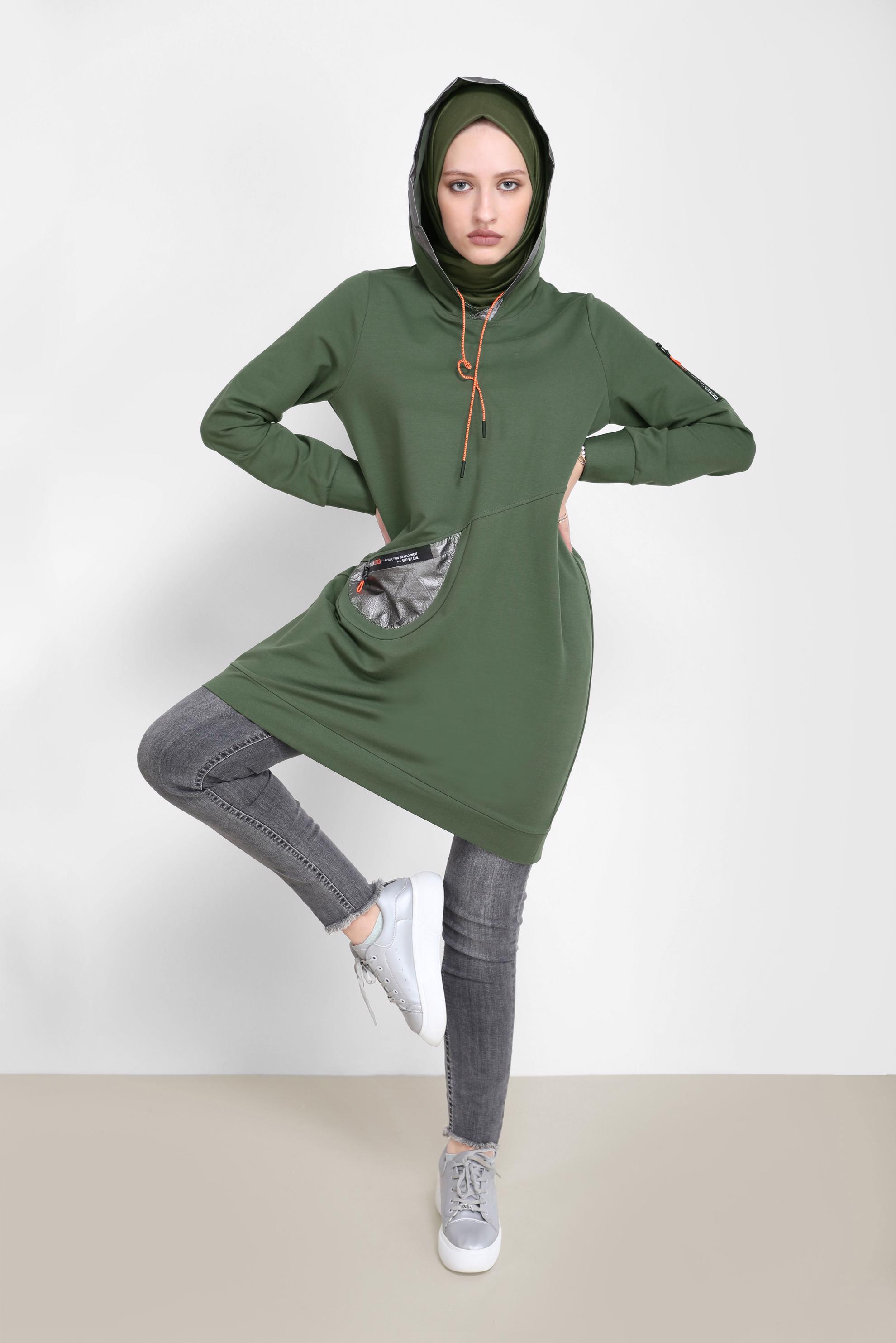 Tesettür giyim HAKİ KAPÜŞONLU BAĞCIKLI EŞOFMAN TUNİK 42174 