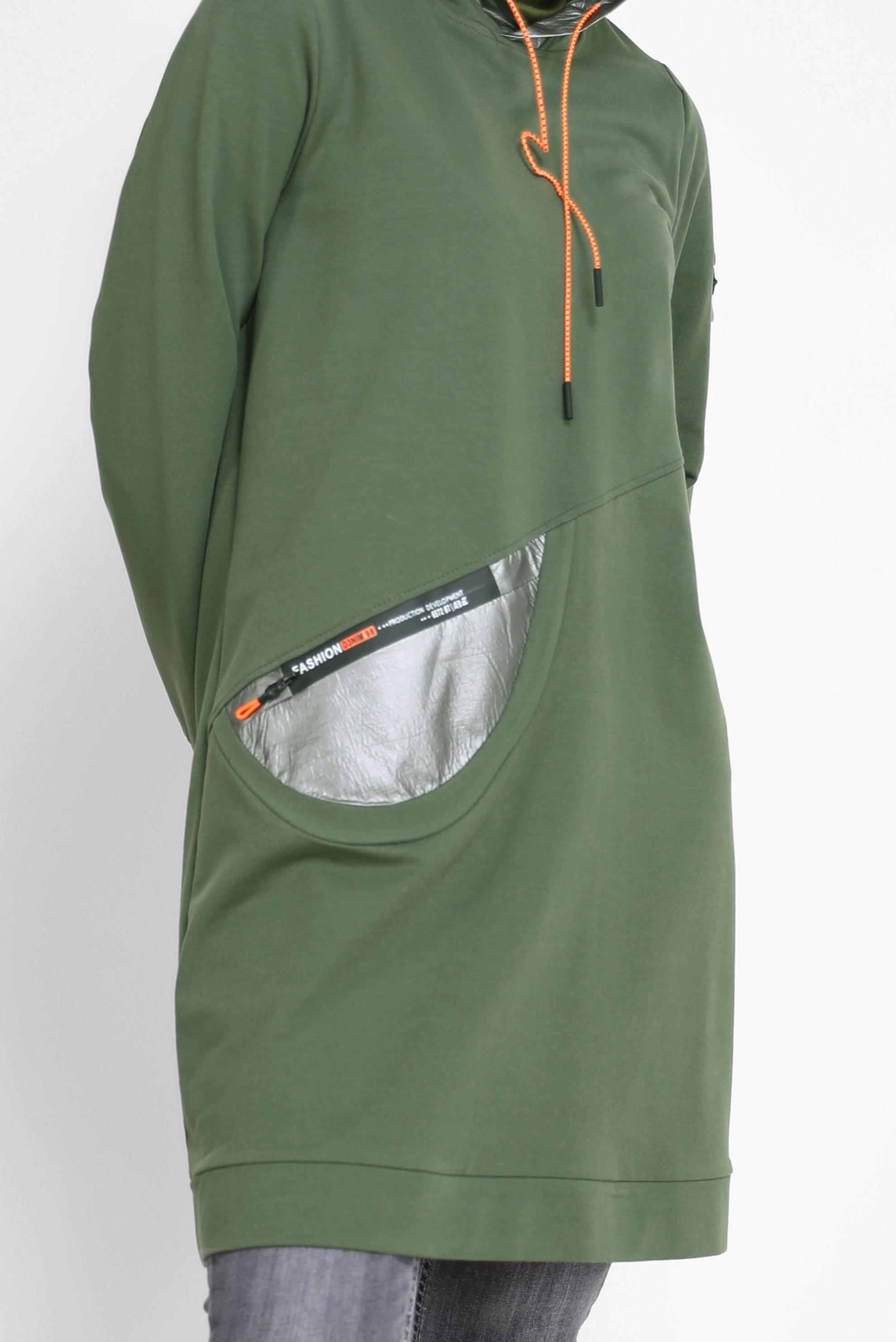 Tesettür giyim HAKİ KAPÜŞONLU BAĞCIKLI EŞOFMAN TUNİK 42174 