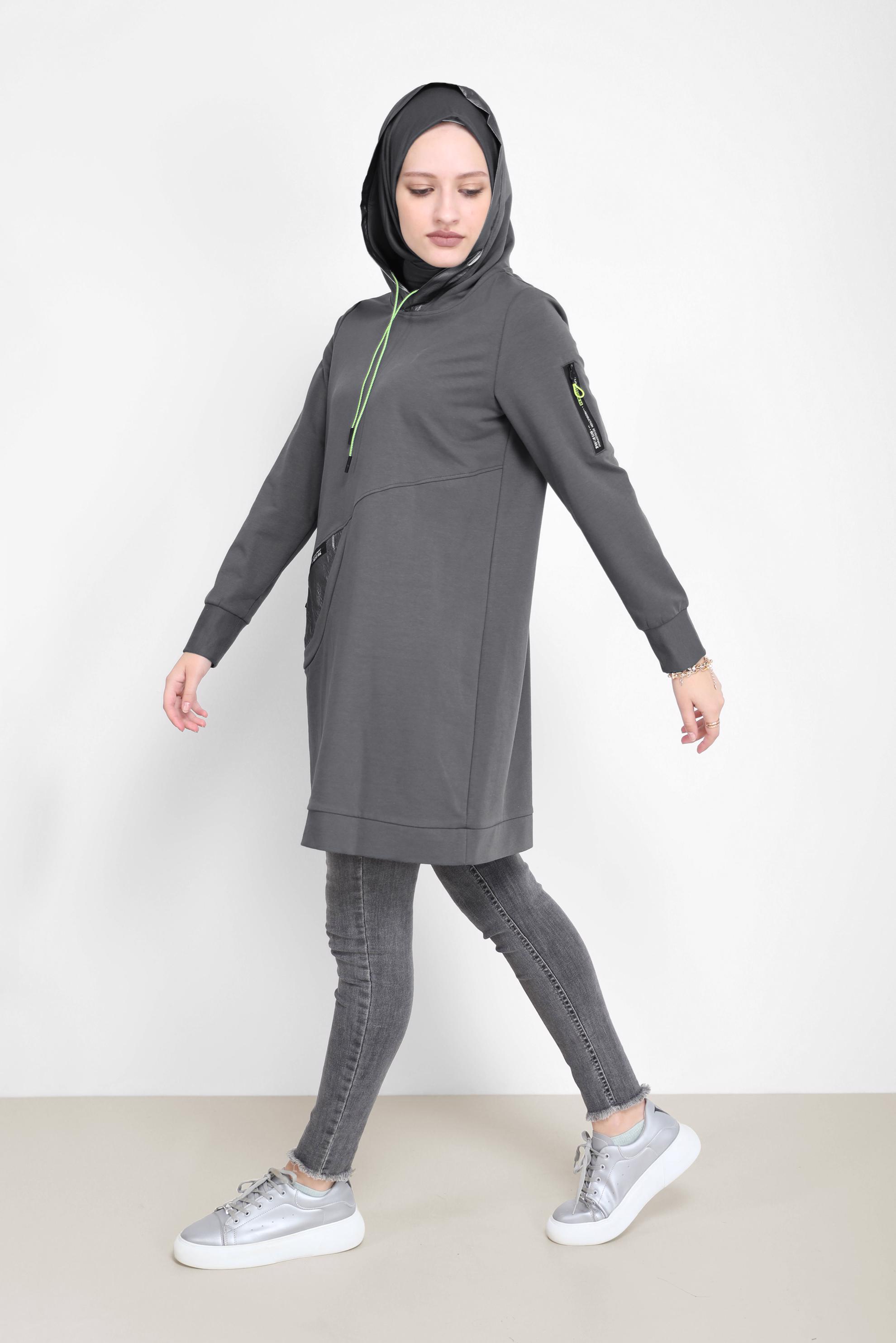 Tesettür giyim GRİ KAPÜŞONLU BAĞCIKLI EŞOFMAN TUNİK 42174 