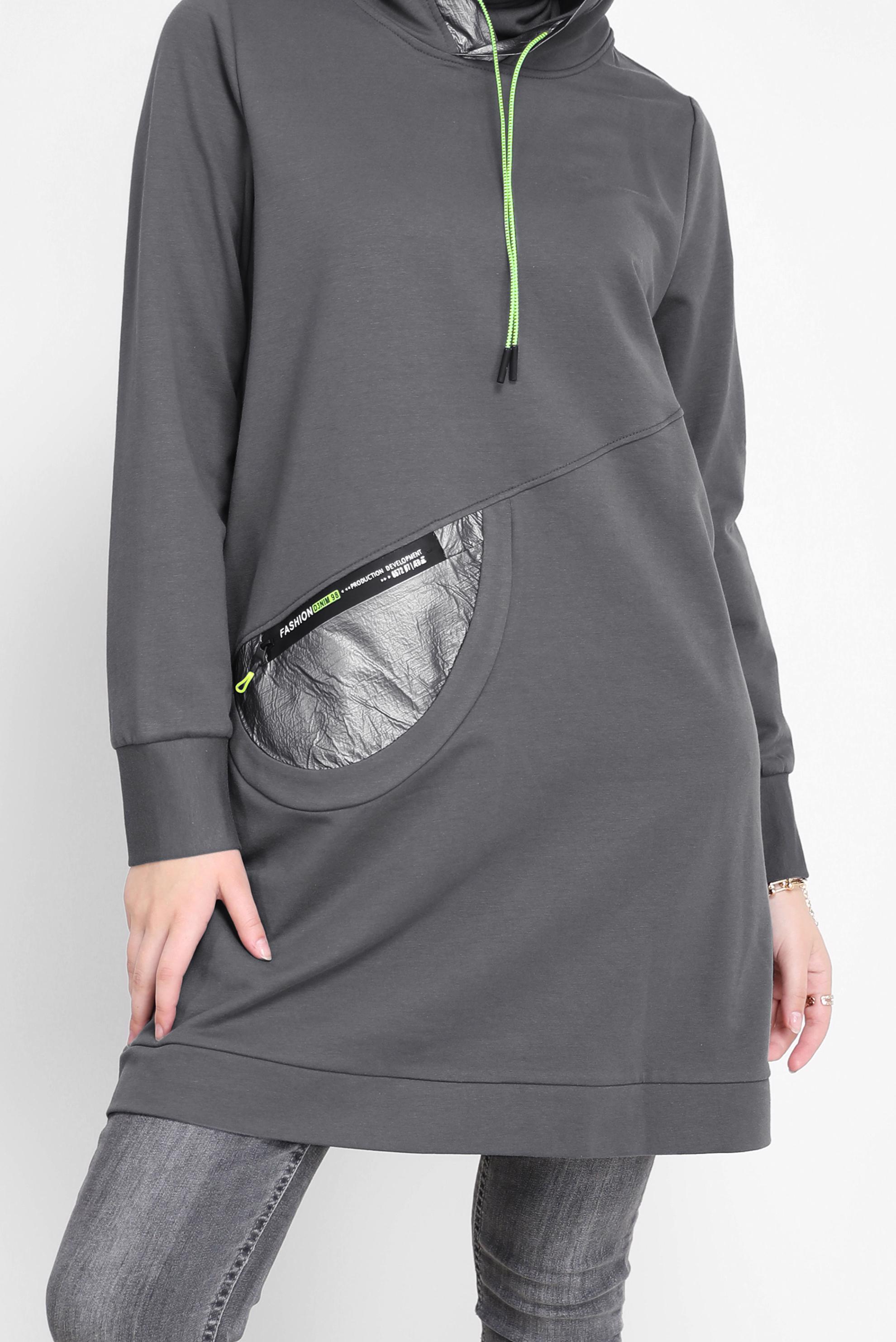 Tesettür giyim GRİ KAPÜŞONLU BAĞCIKLI EŞOFMAN TUNİK 42174 