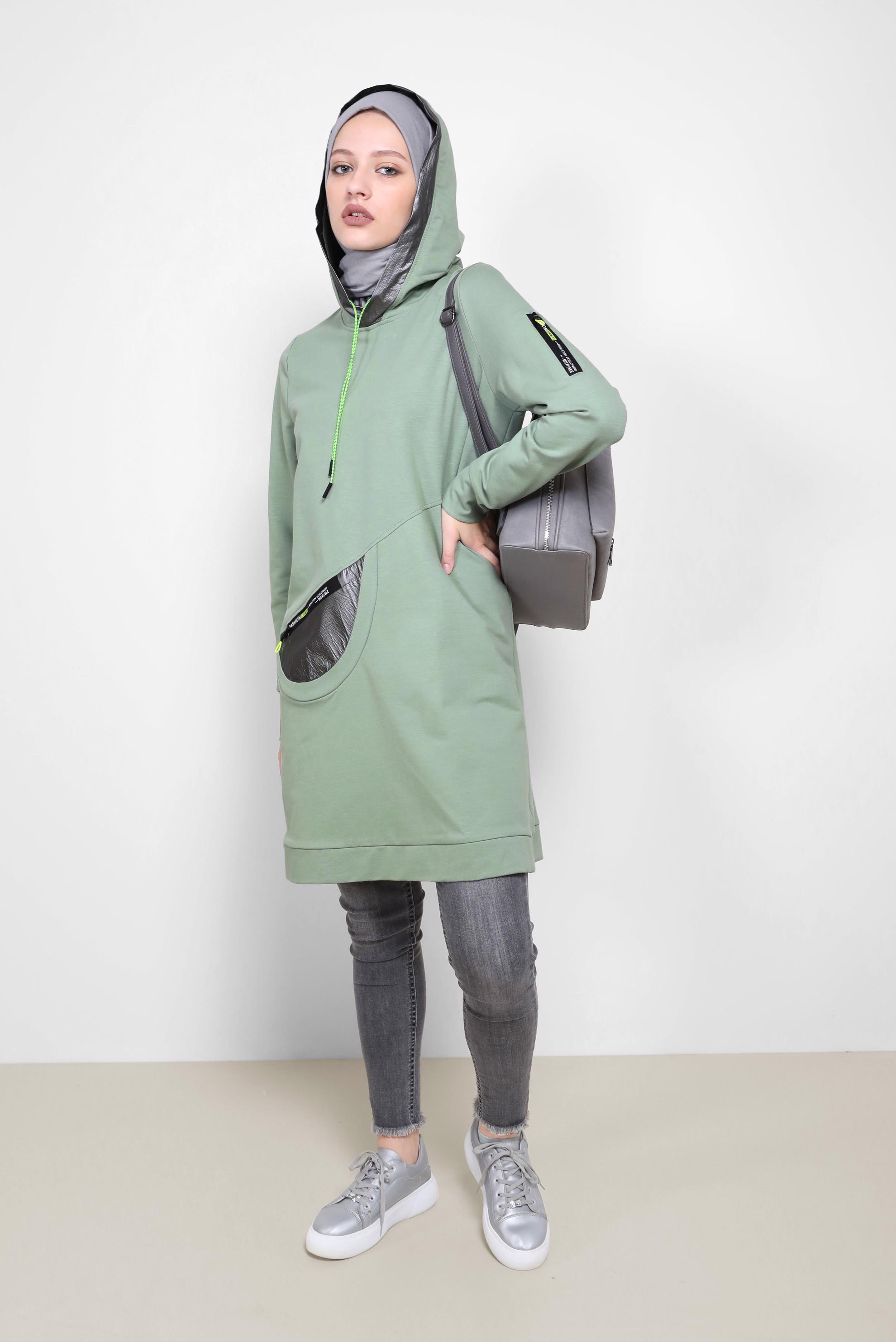 Tesettür giyim YEŞİL KAPÜŞONLU BAĞCIKLI EŞOFMAN TUNİK 42174 