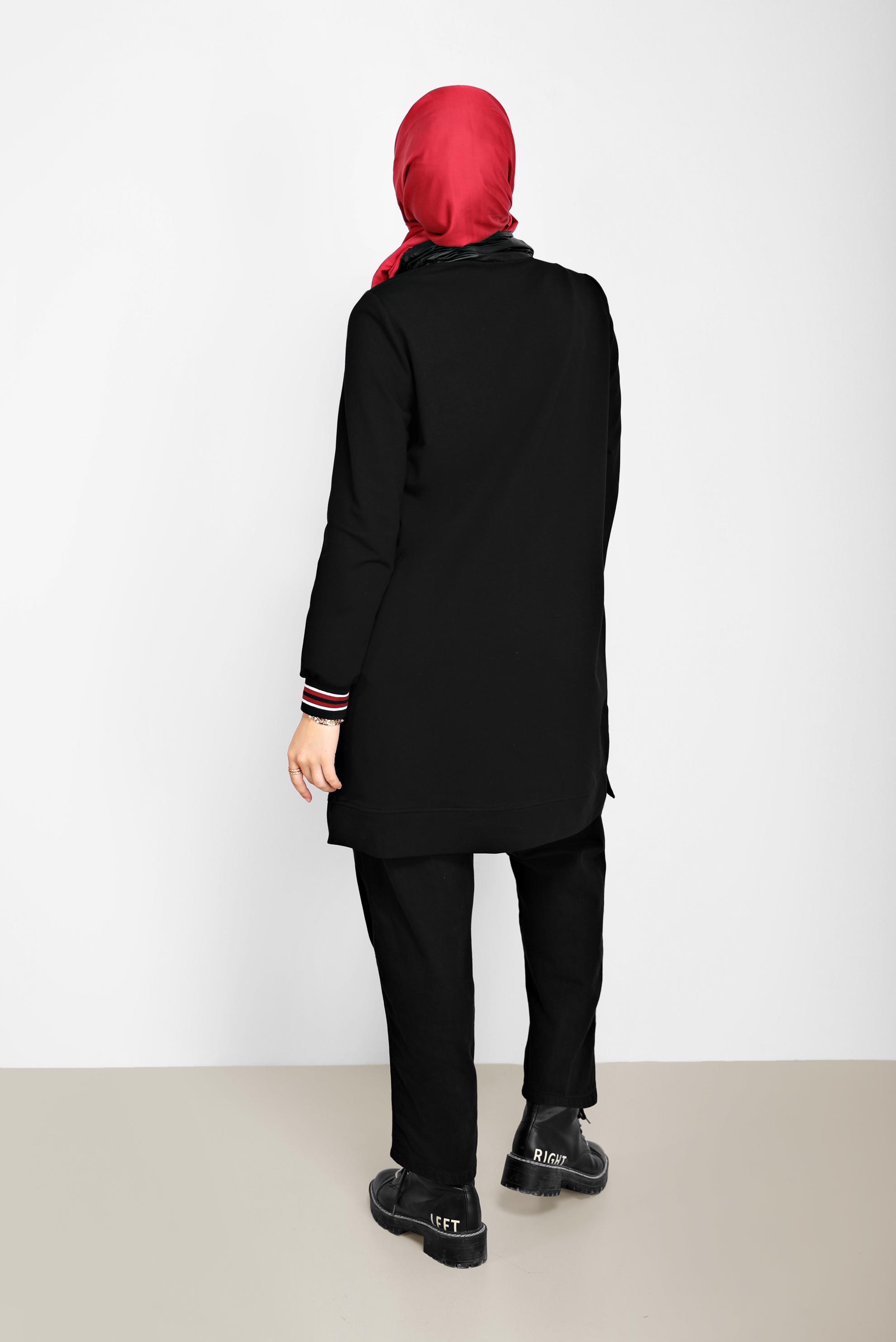 Tesettür giyim SİYAH DERİ DETAYLI YAKASI BAĞCIKLI EŞOFMAN TUNİK 42176 