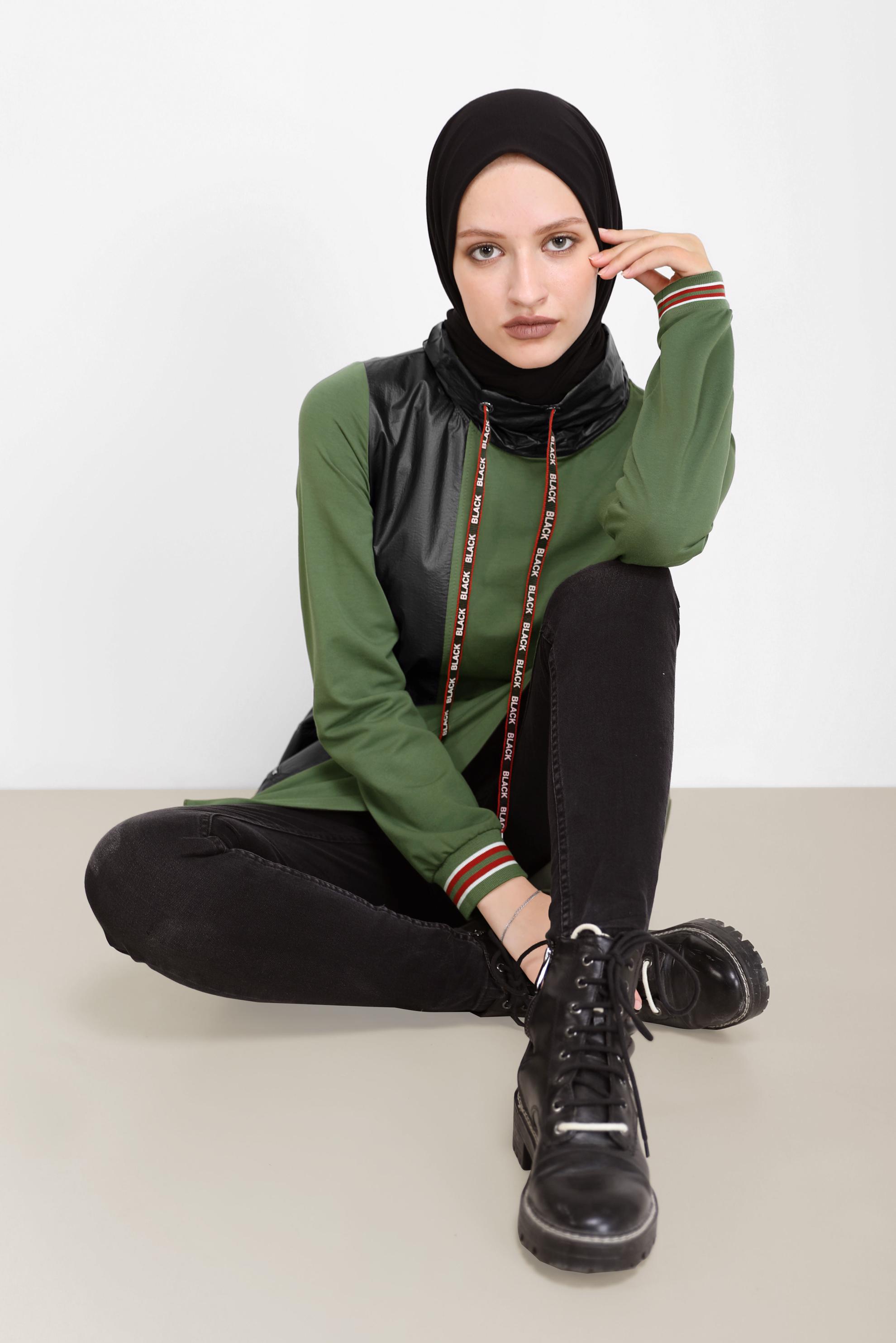 Tesettür giyim HAKİ DERİ DETAYLI YAKASI BAĞCIKLI EŞOFMAN TUNİK 42176 