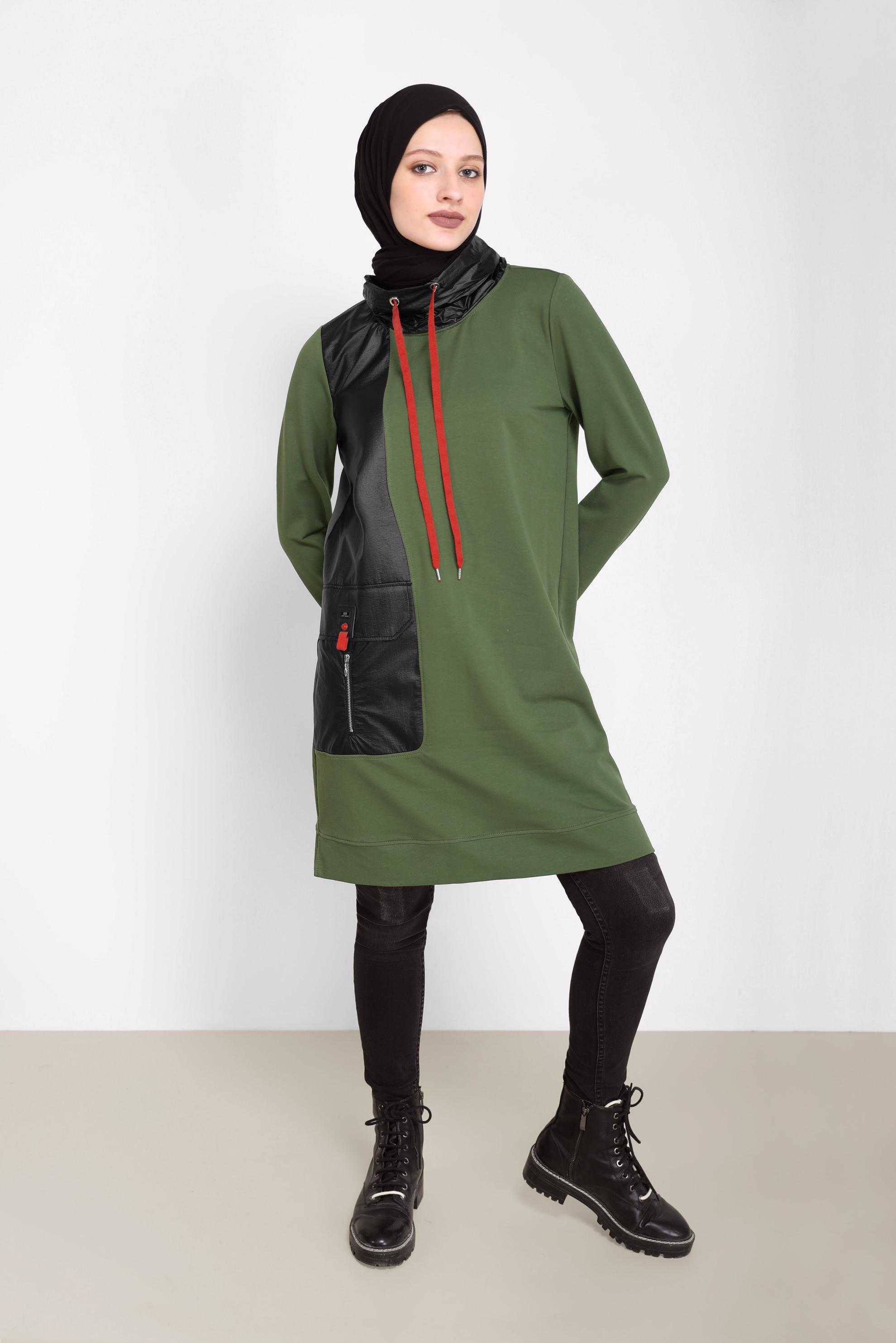 Tesettür giyim HAKİ DERİ DETAYLI YAKASI BAĞCIKLI EŞOFMAN TUNİK 42176 