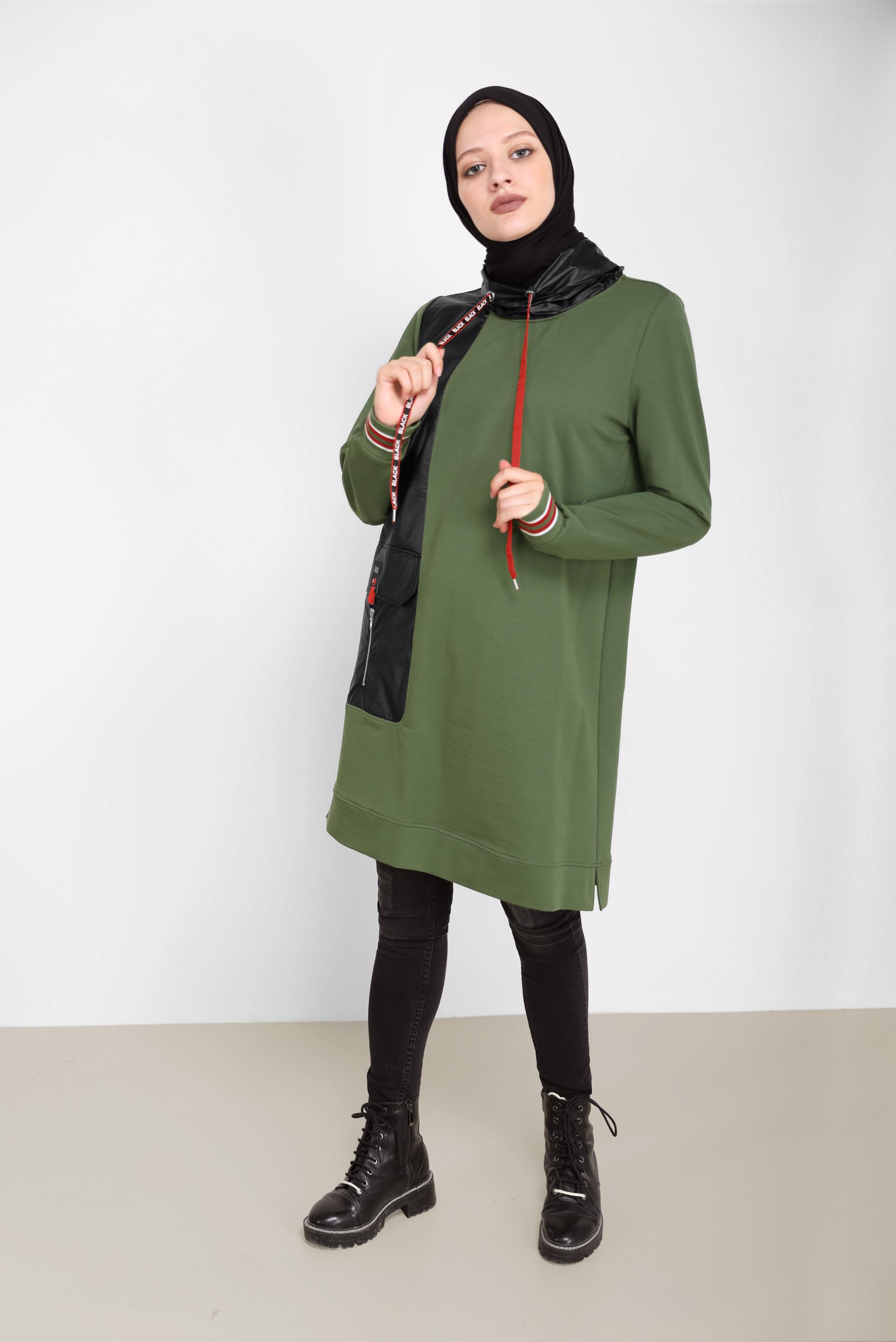 Tesettür giyim HAKİ DERİ DETAYLI YAKASI BAĞCIKLI EŞOFMAN TUNİK 42176 