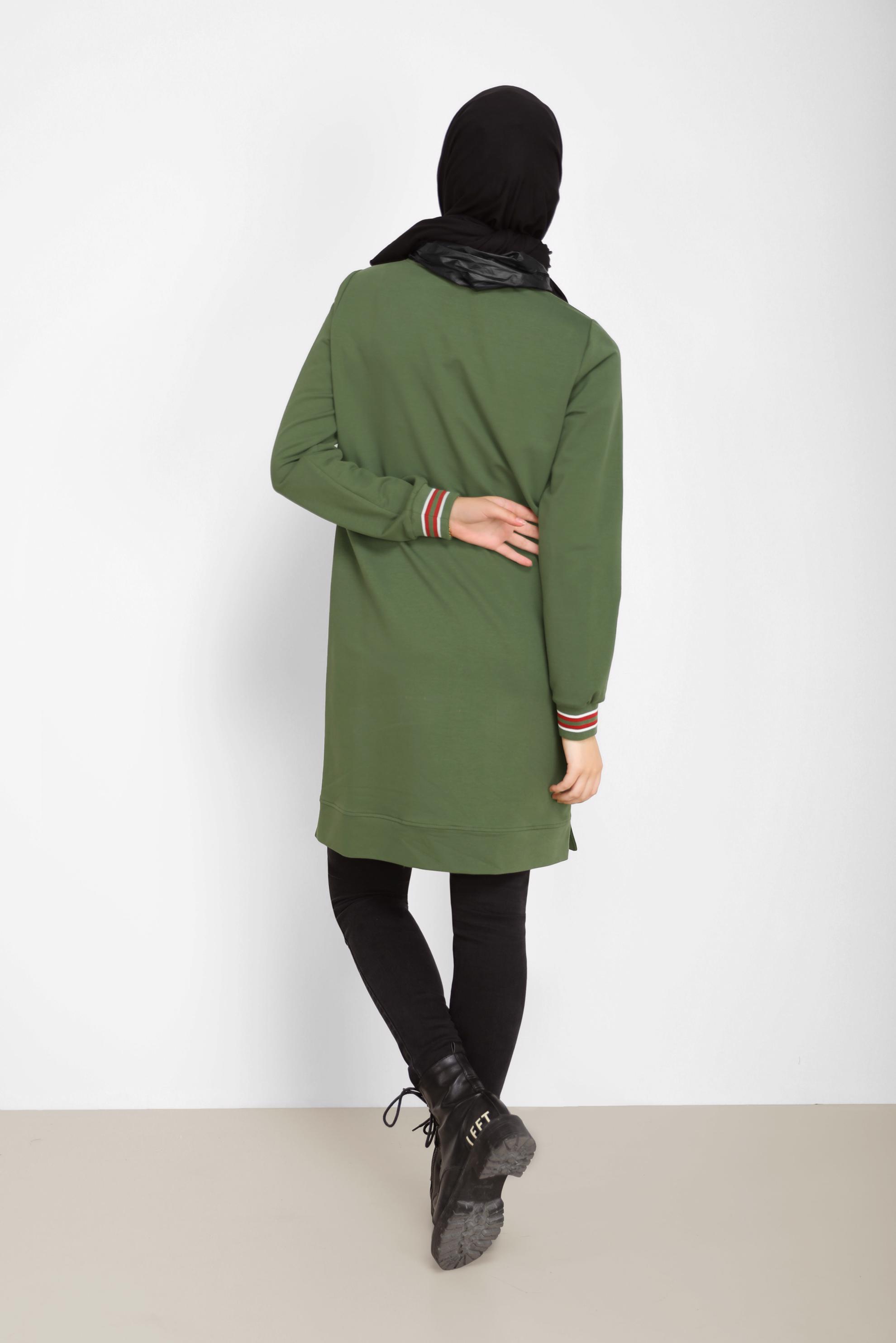 Tesettür giyim HAKİ DERİ DETAYLI YAKASI BAĞCIKLI EŞOFMAN TUNİK 42176 