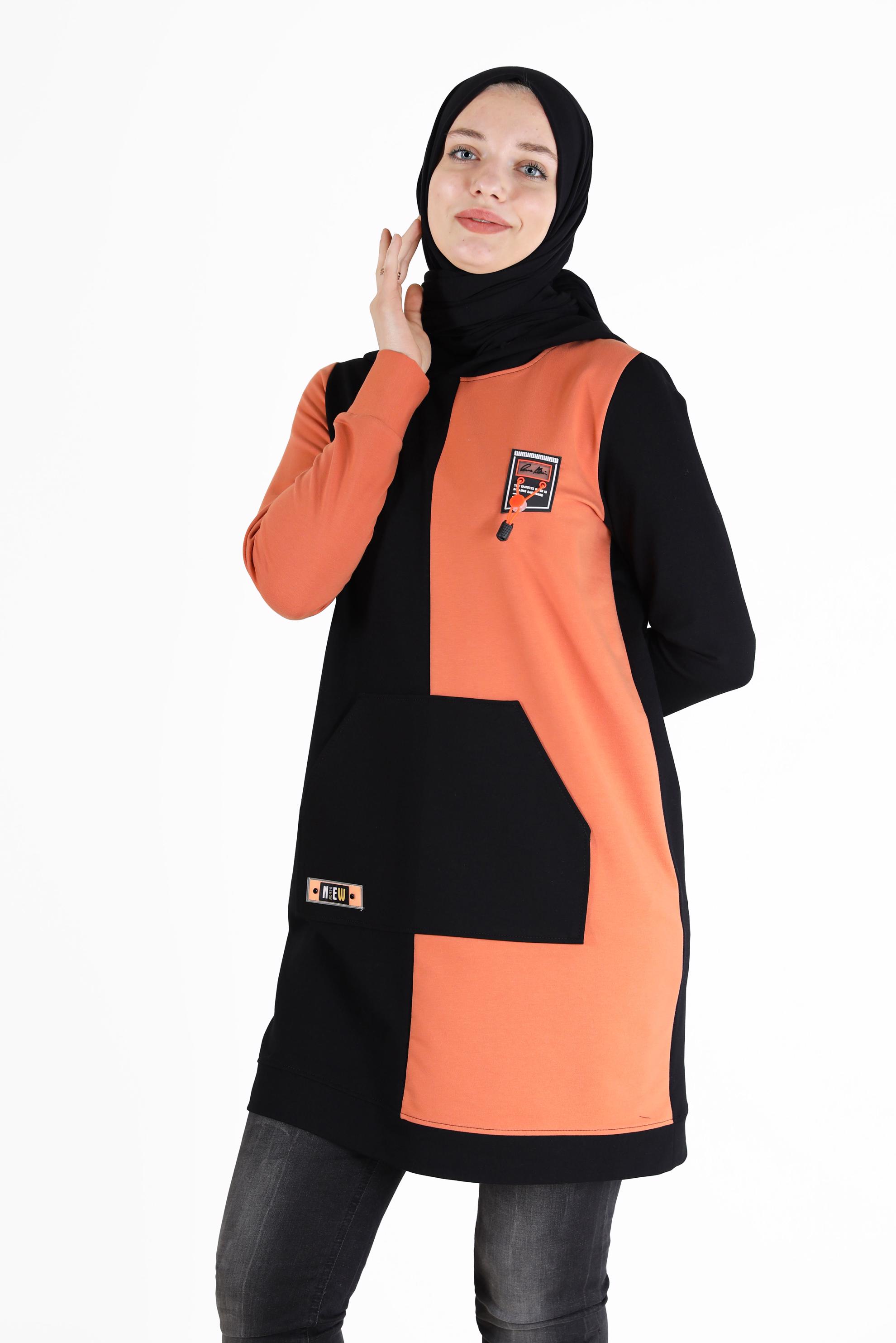 Tesettür giyim SİYAH YAZI DETAYLI CEPLİ 2 RENKLİ EŞOFMAN TUNİK 42177 