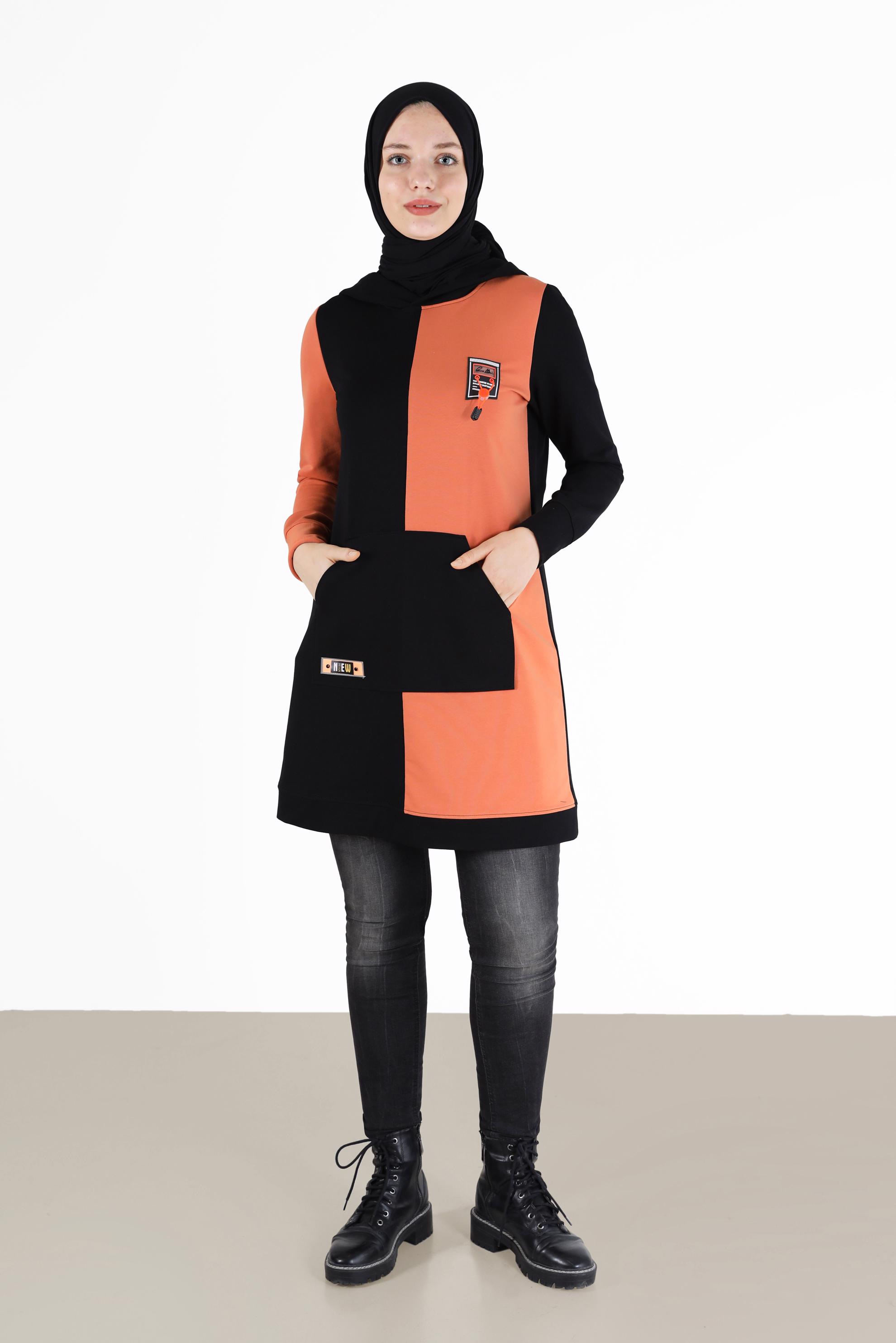 Tesettür giyim SİYAH YAZI DETAYLI CEPLİ 2 RENKLİ EŞOFMAN TUNİK 42177 