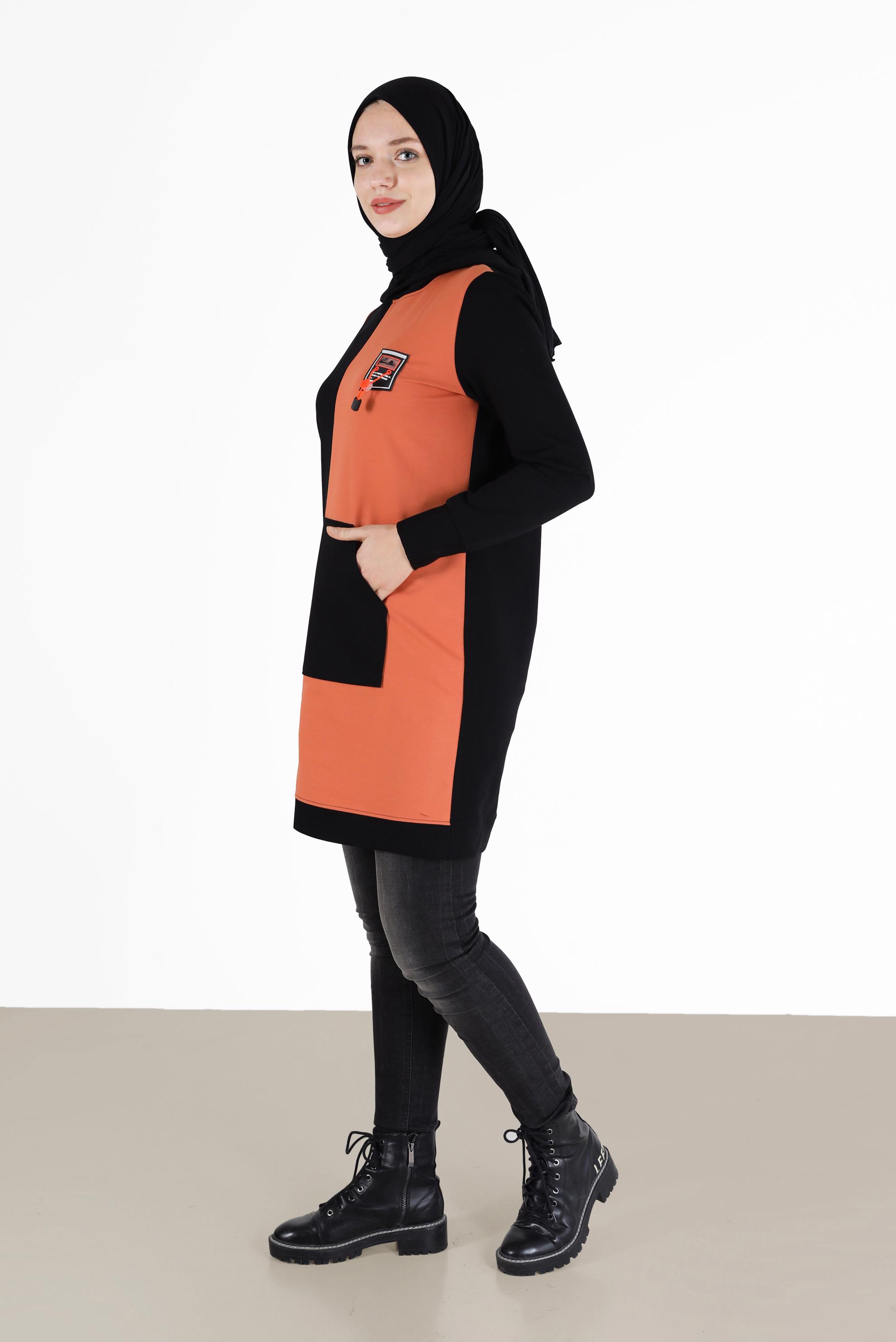 Tesettür giyim SİYAH YAZI DETAYLI CEPLİ 2 RENKLİ EŞOFMAN TUNİK 42177 