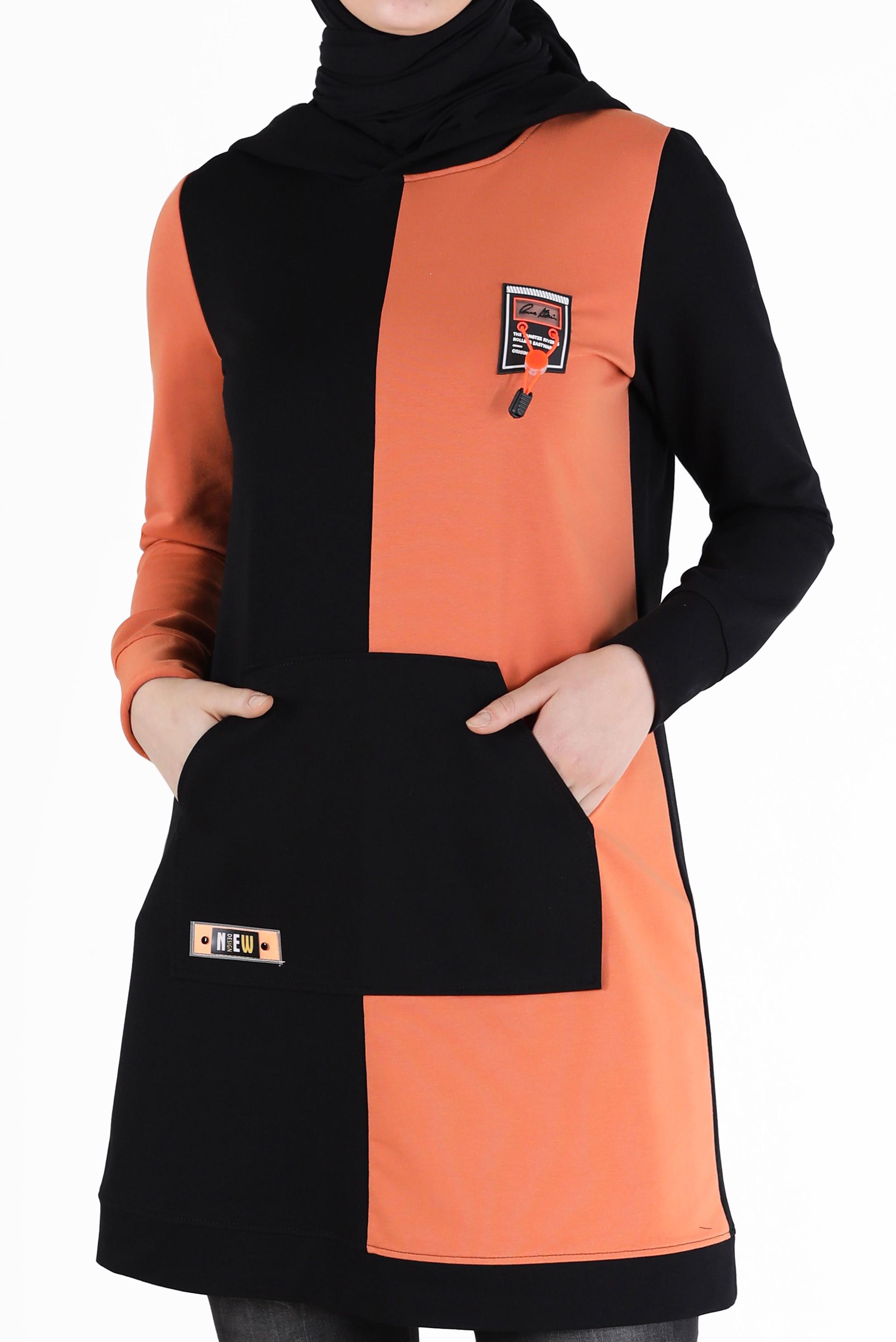 Tesettür giyim SİYAH YAZI DETAYLI CEPLİ 2 RENKLİ EŞOFMAN TUNİK 42177 