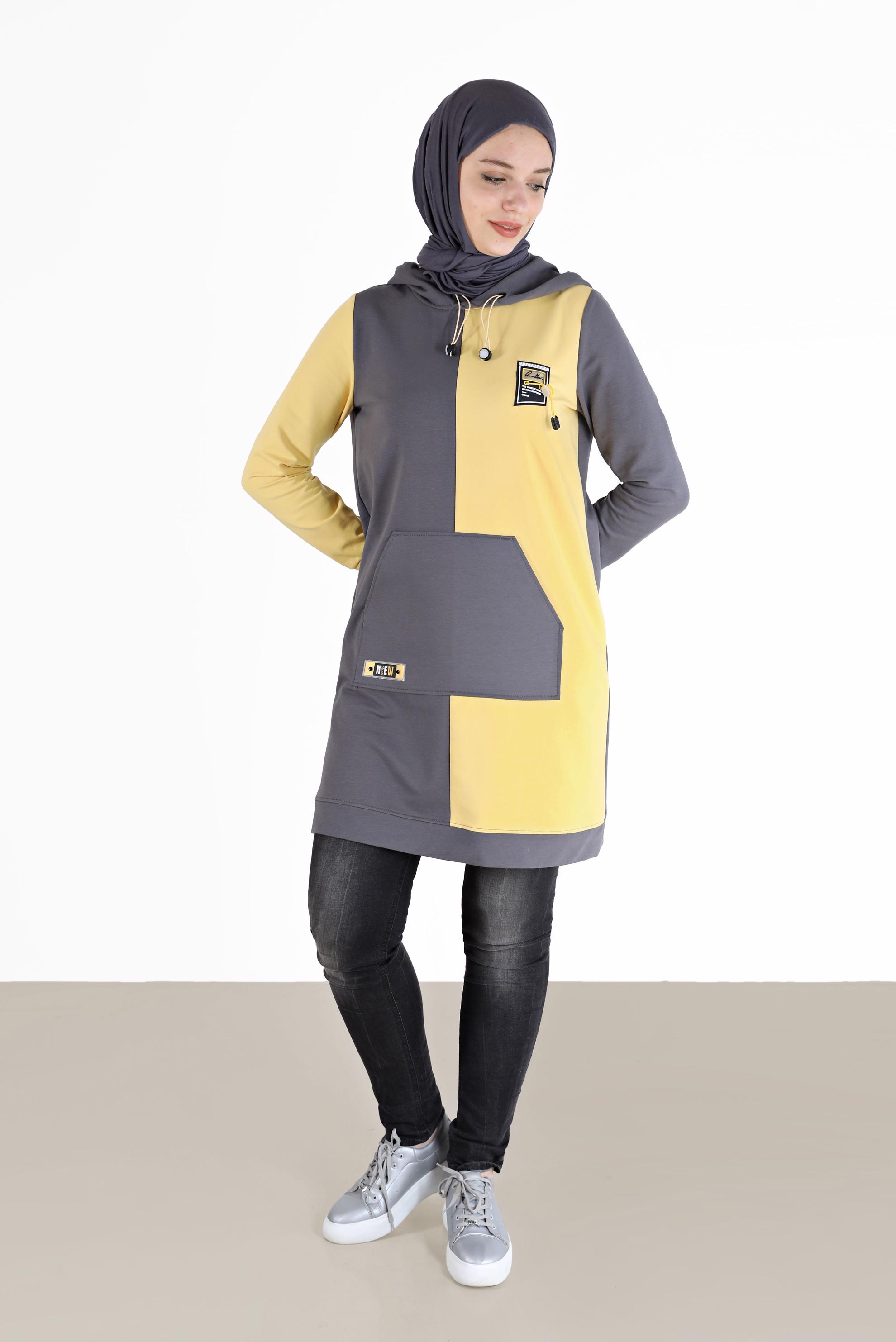 Tesettür giyim GRİ YAZI DETAYLI CEPLİ 2 RENKLİ EŞOFMAN TUNİK 42177 