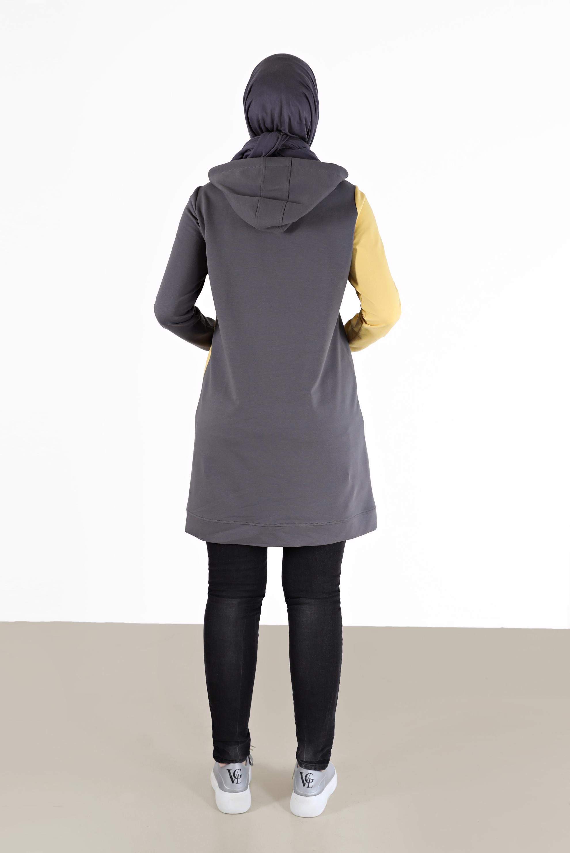 Tesettür giyim GRİ YAZI DETAYLI CEPLİ 2 RENKLİ EŞOFMAN TUNİK 42177 