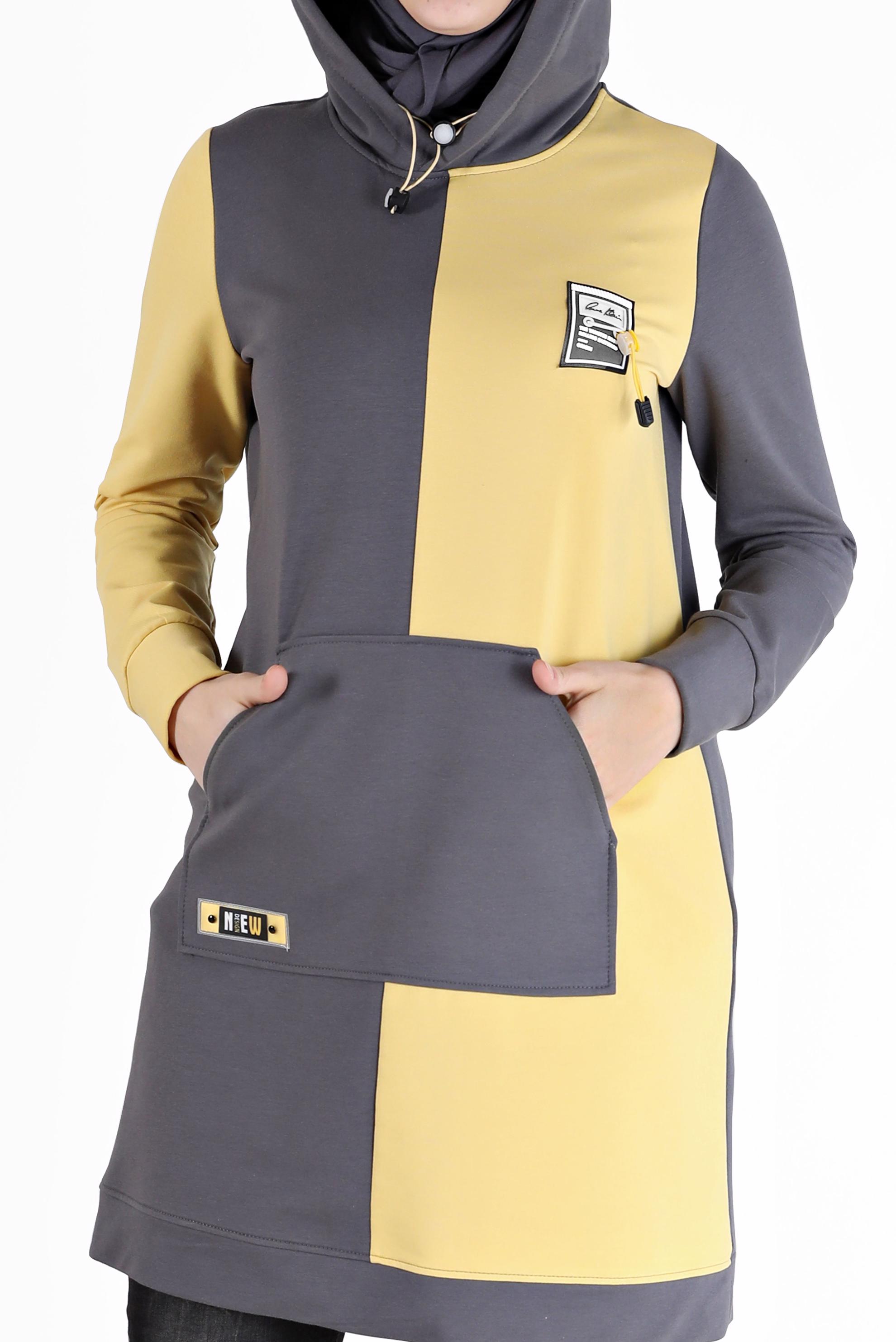 Tesettür giyim GRİ YAZI DETAYLI CEPLİ 2 RENKLİ EŞOFMAN TUNİK 42177 