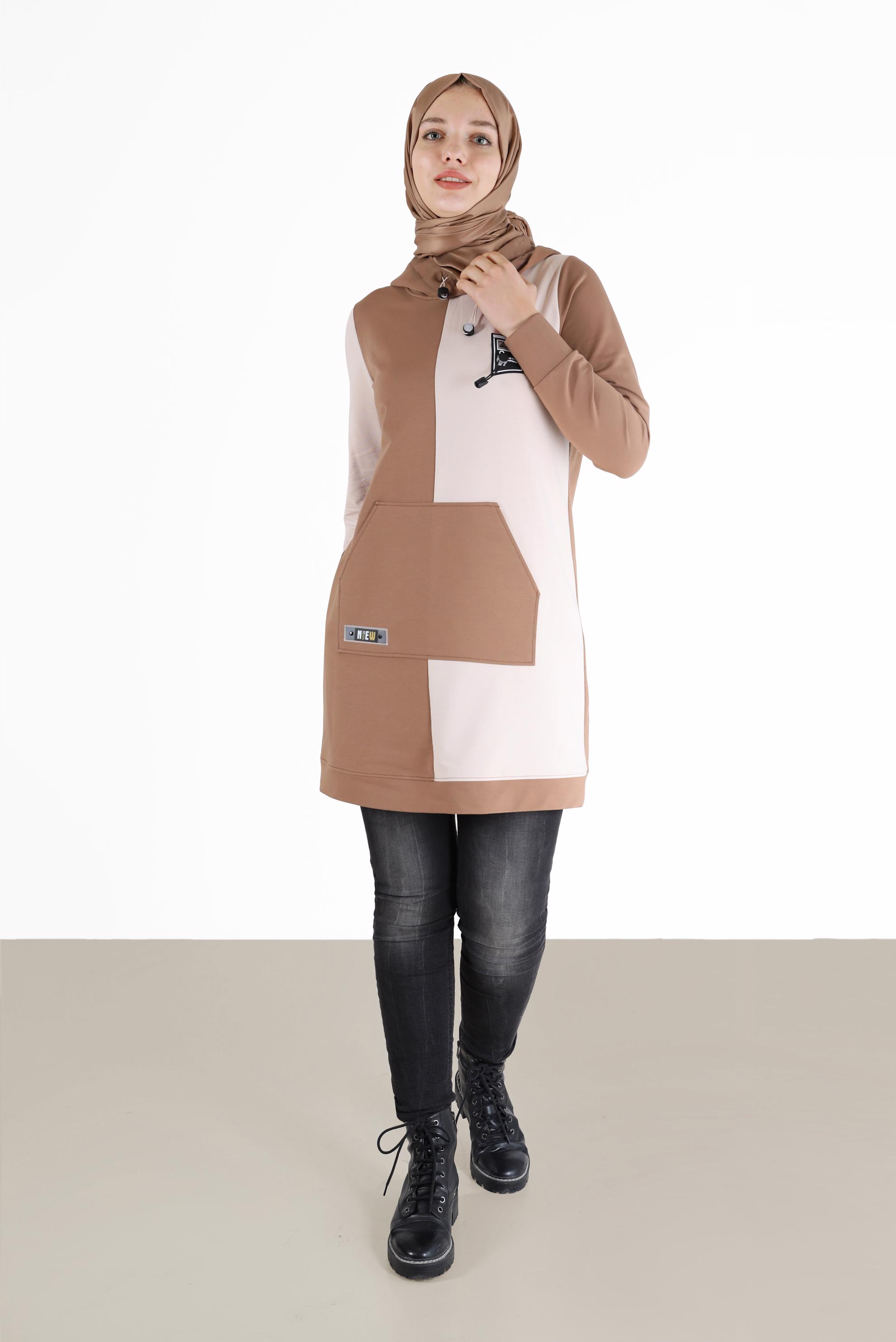 Tesettür giyim KAHVE YAZI DETAYLI CEPLİ 2 RENKLİ EŞOFMAN TUNİK 42177 