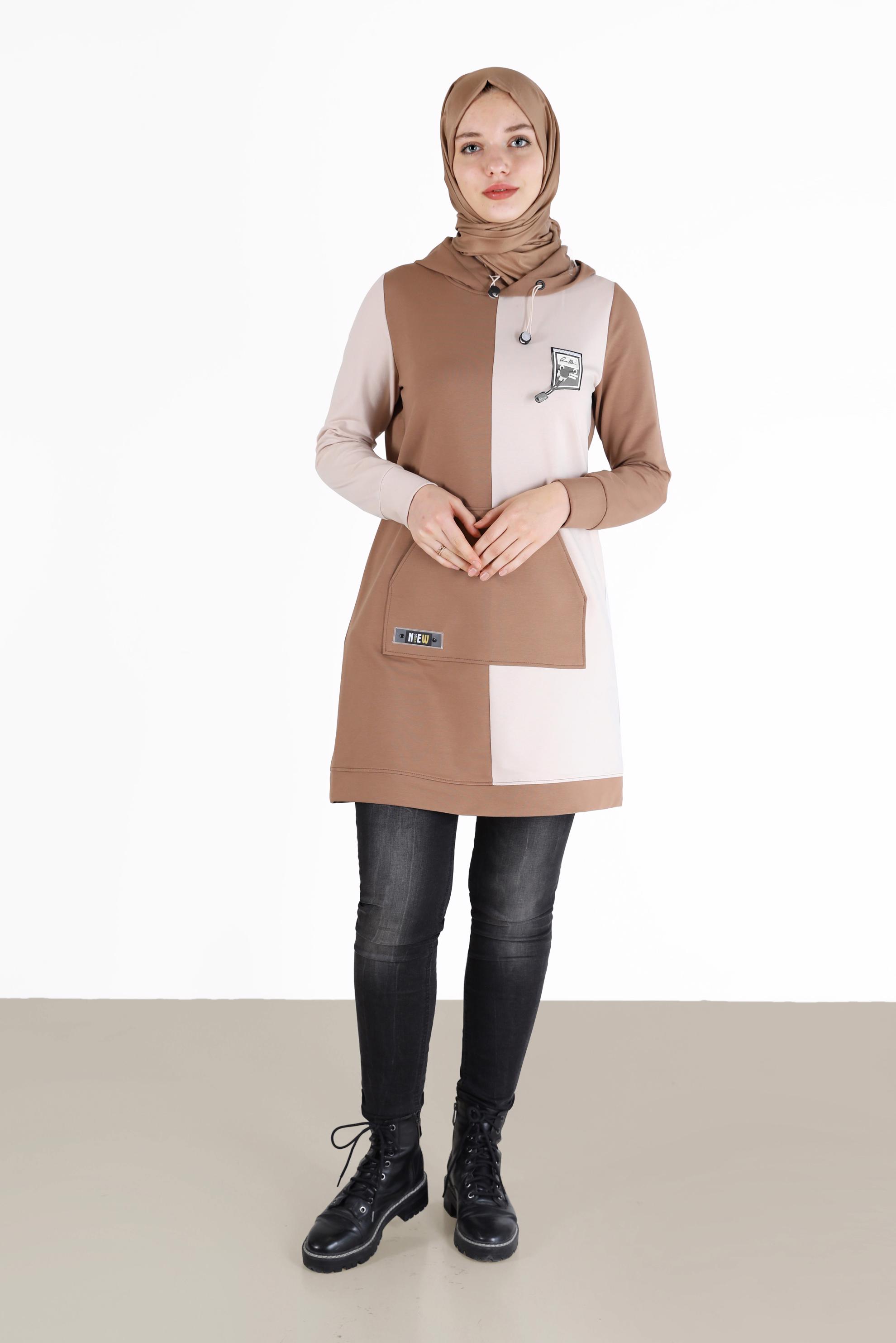 Tesettür giyim KAHVE YAZI DETAYLI CEPLİ 2 RENKLİ EŞOFMAN TUNİK 42177 