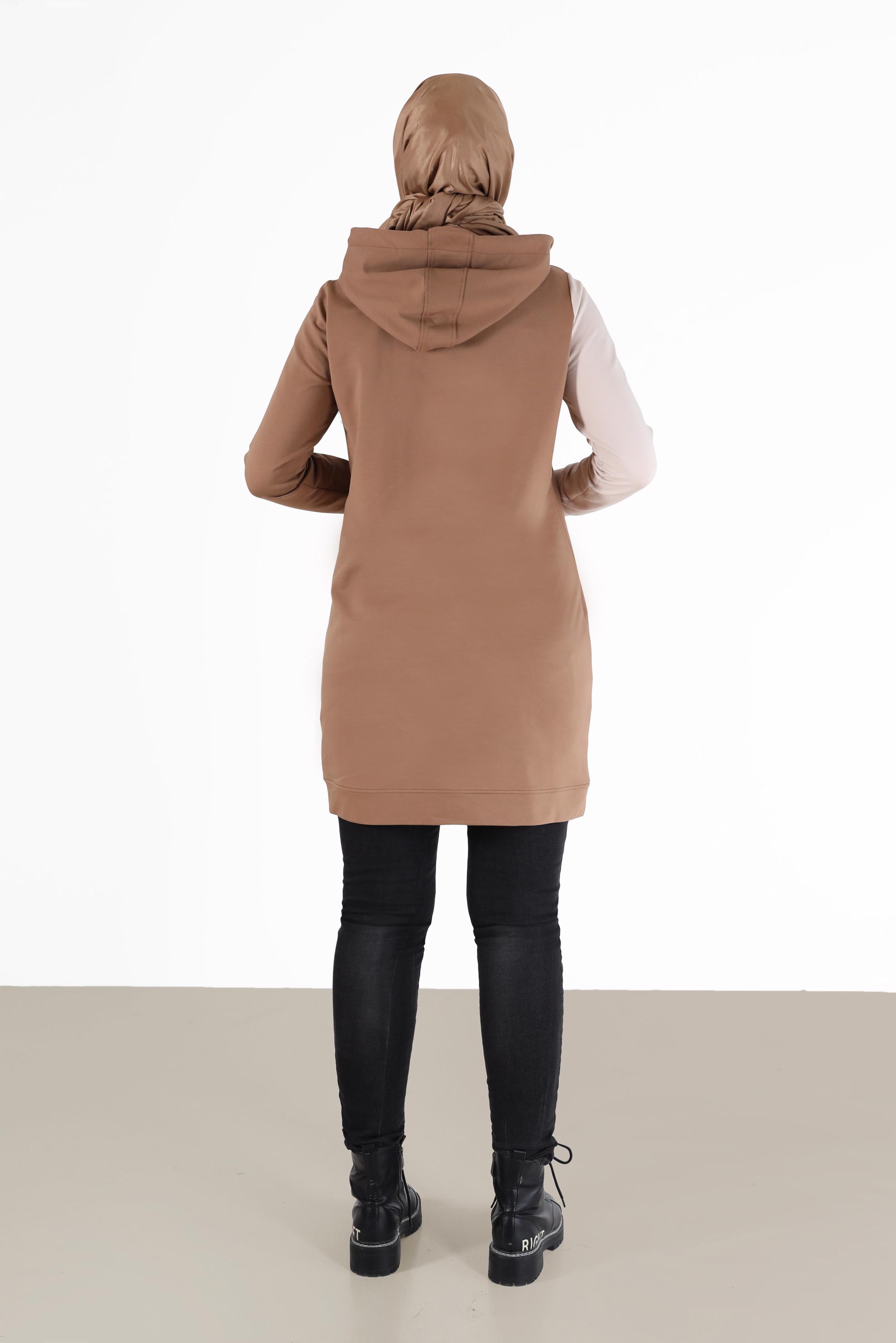 Tesettür giyim KAHVE YAZI DETAYLI CEPLİ 2 RENKLİ EŞOFMAN TUNİK 42177 