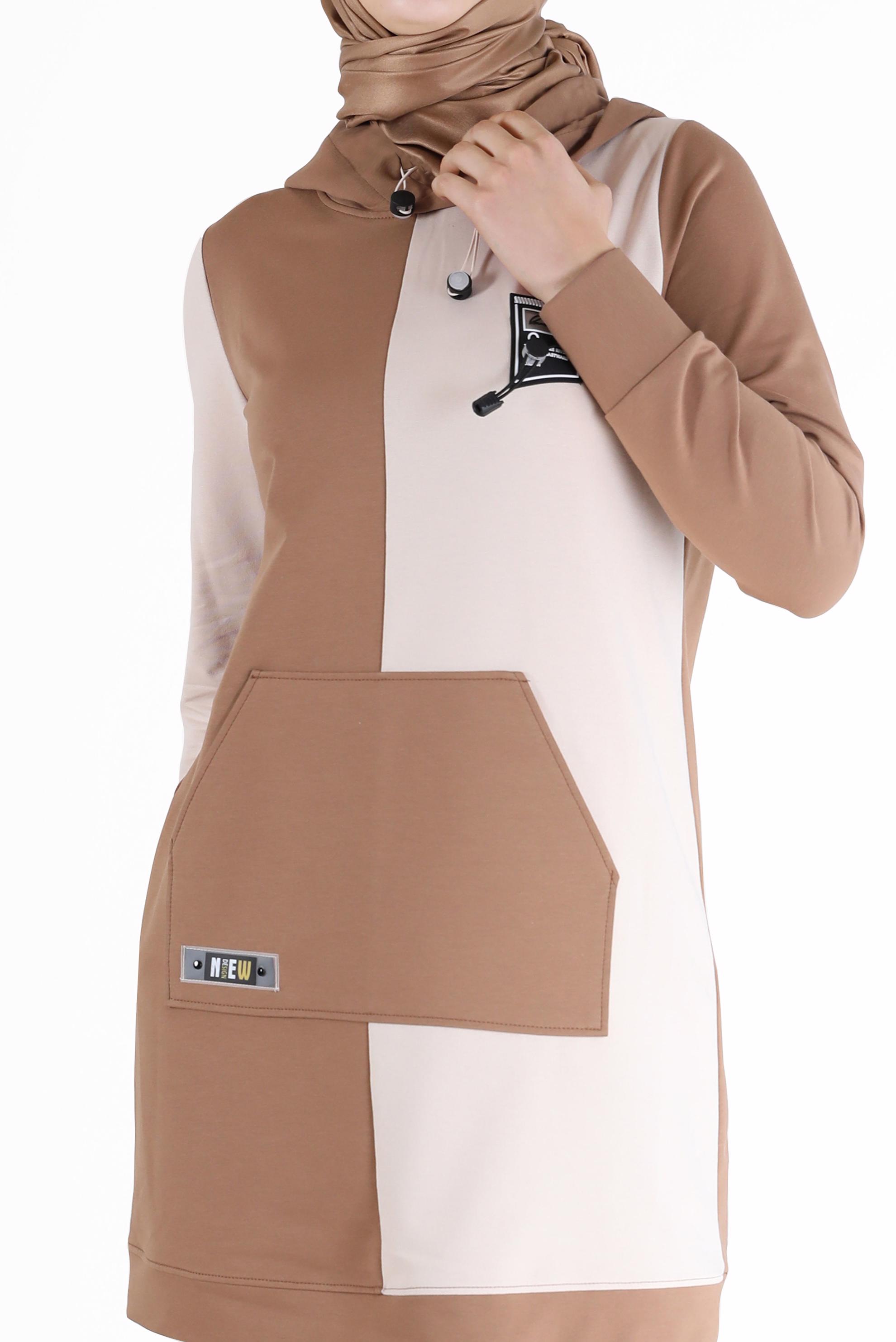 Tesettür giyim KAHVE YAZI DETAYLI CEPLİ 2 RENKLİ EŞOFMAN TUNİK 42177 