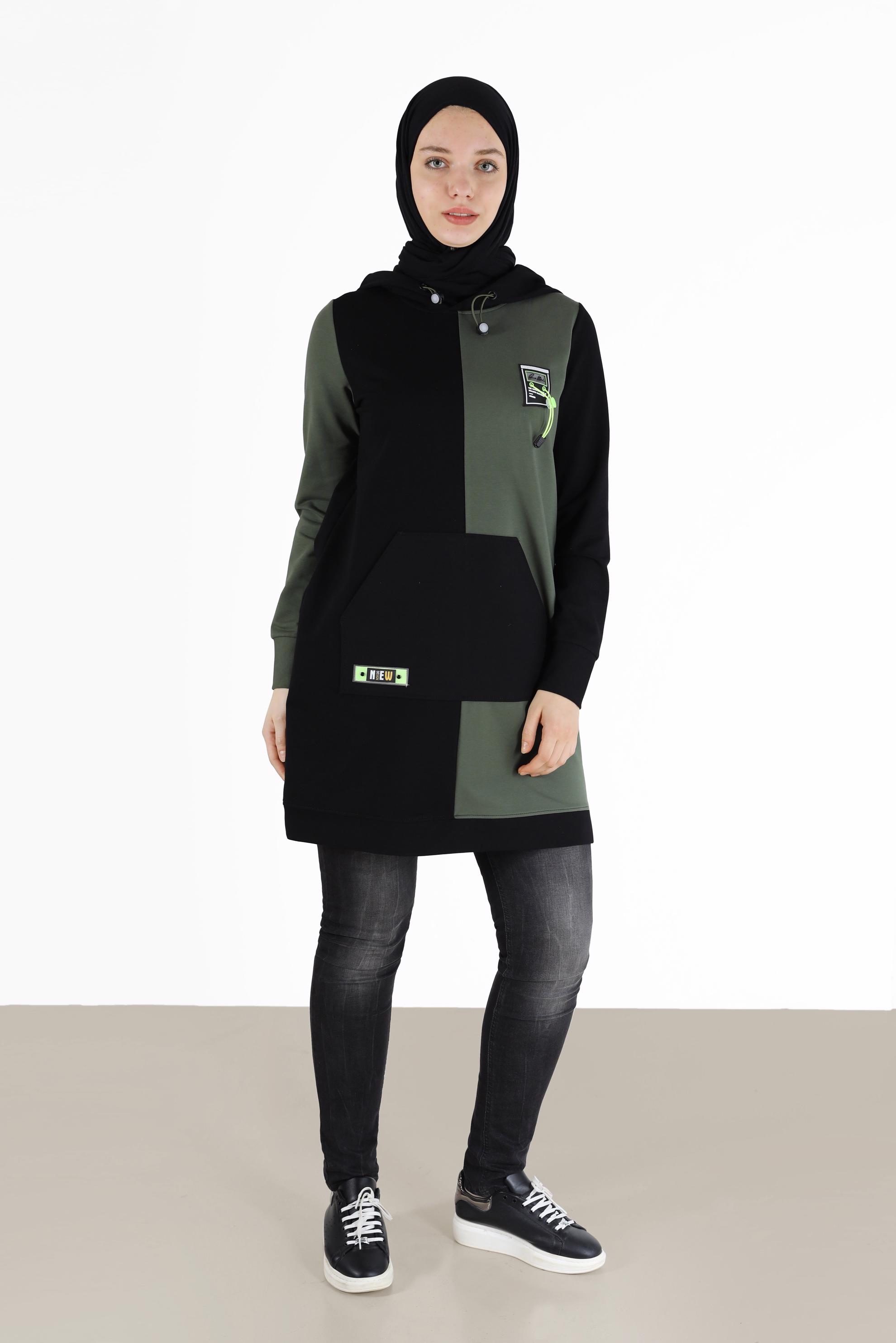 Tesettür giyim SİYAH YAZI DETAYLI CEPLİ 2 RENKLİ EŞOFMAN TUNİK 42177 