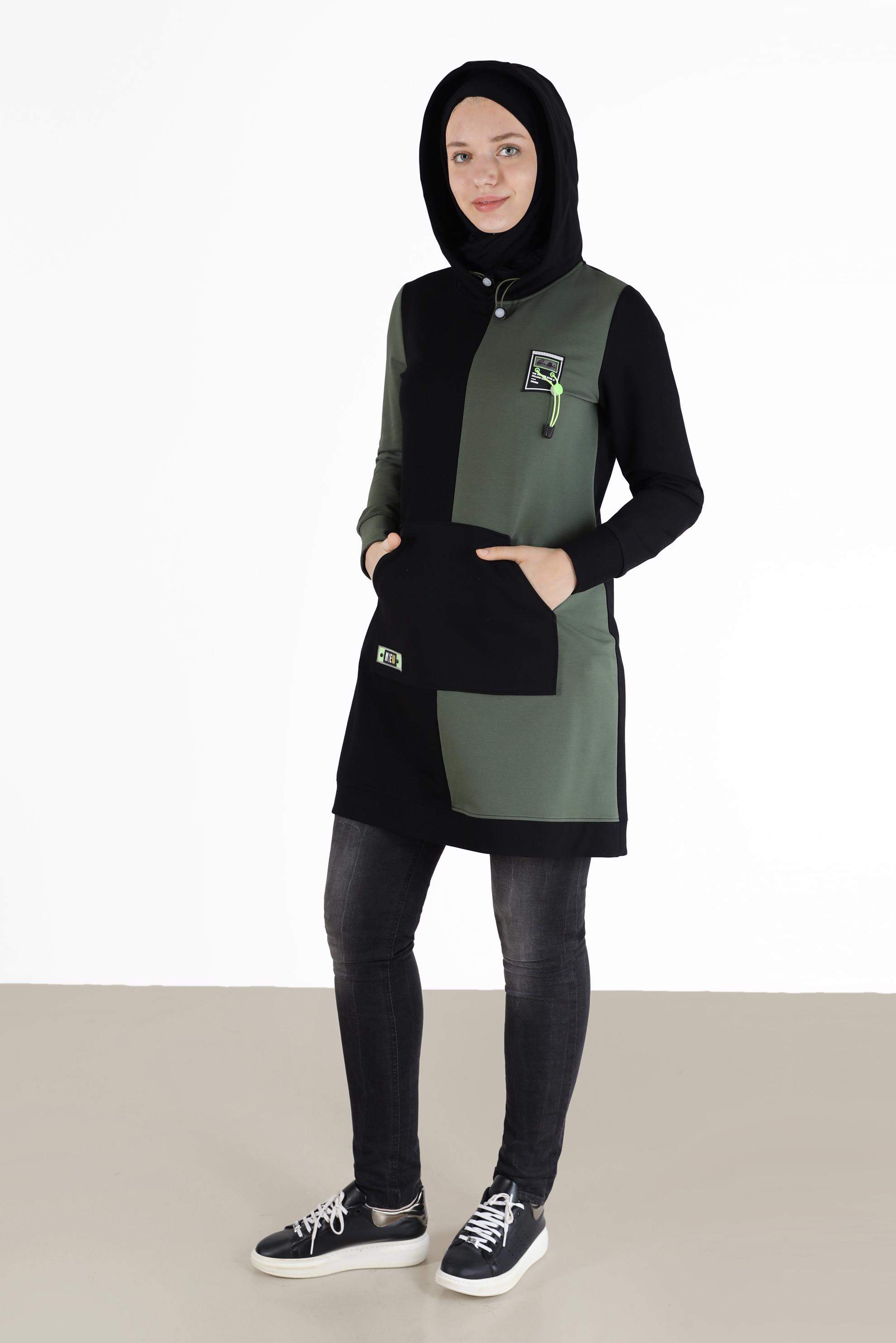 Tesettür giyim SİYAH YAZI DETAYLI CEPLİ 2 RENKLİ EŞOFMAN TUNİK 42177 