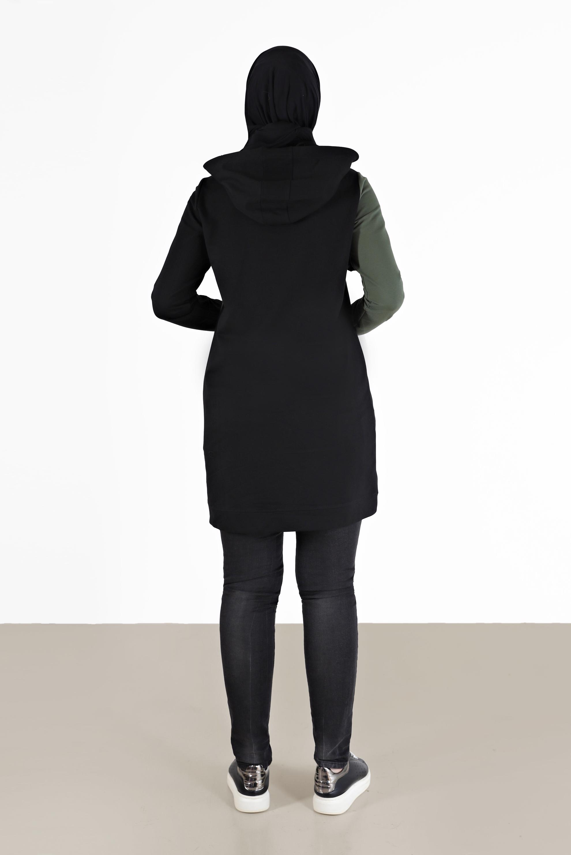 Tesettür giyim SİYAH YAZI DETAYLI CEPLİ 2 RENKLİ EŞOFMAN TUNİK 42177 